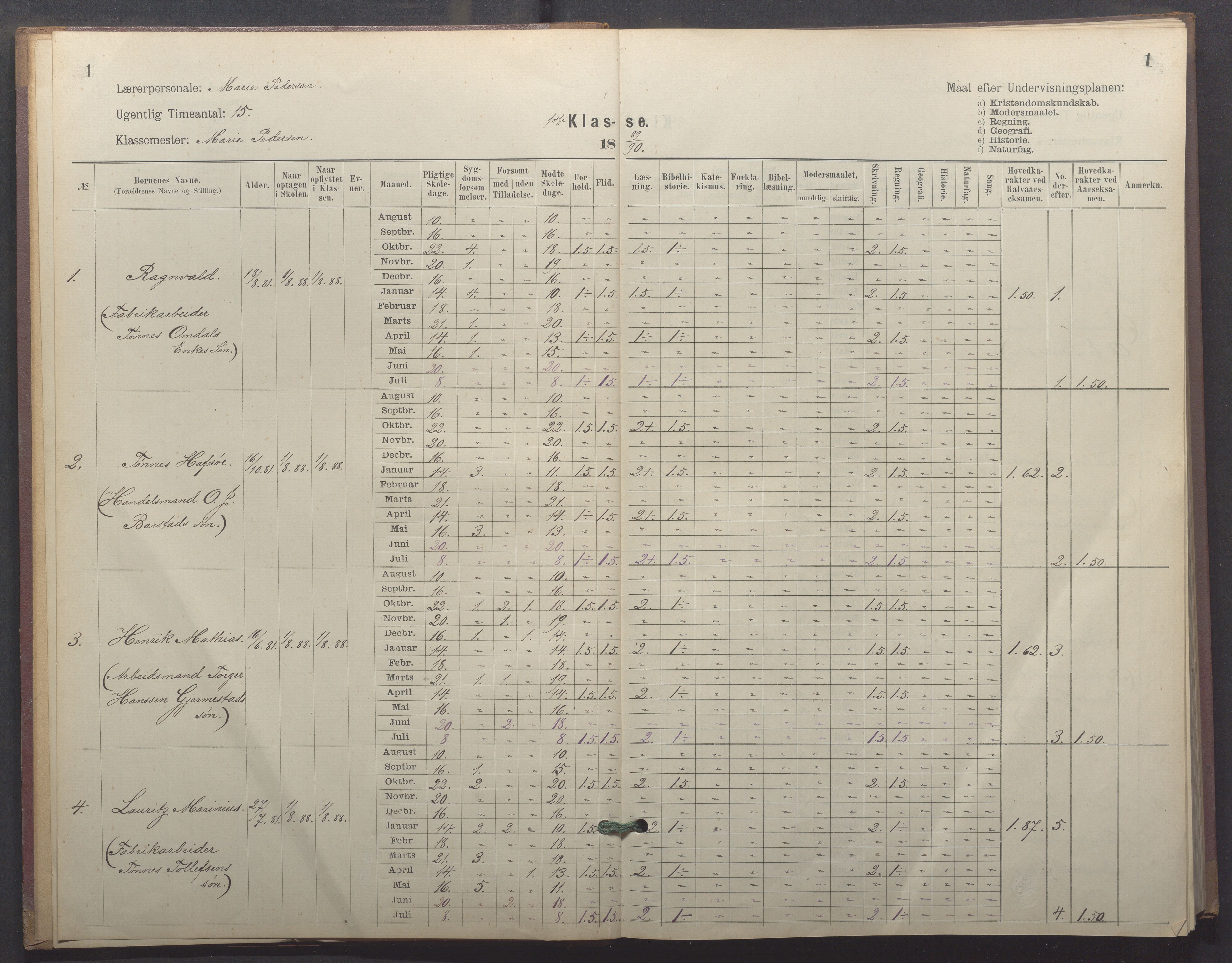 Egersund kommune (Ladested) - Egersund almueskole/folkeskole, IKAR/K-100521/H/L0026: Skoleprotokoll - Almueskolen, 1. klasse, 1889-1893, p. 1