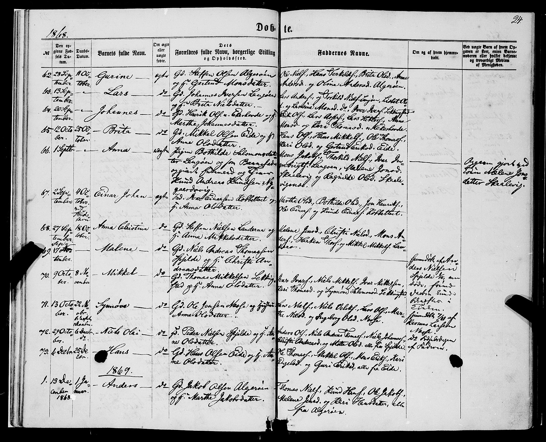 Fjell sokneprestembete, SAB/A-75301/H/Haa: Parish register (official) no. A 3, 1864-1877, p. 24