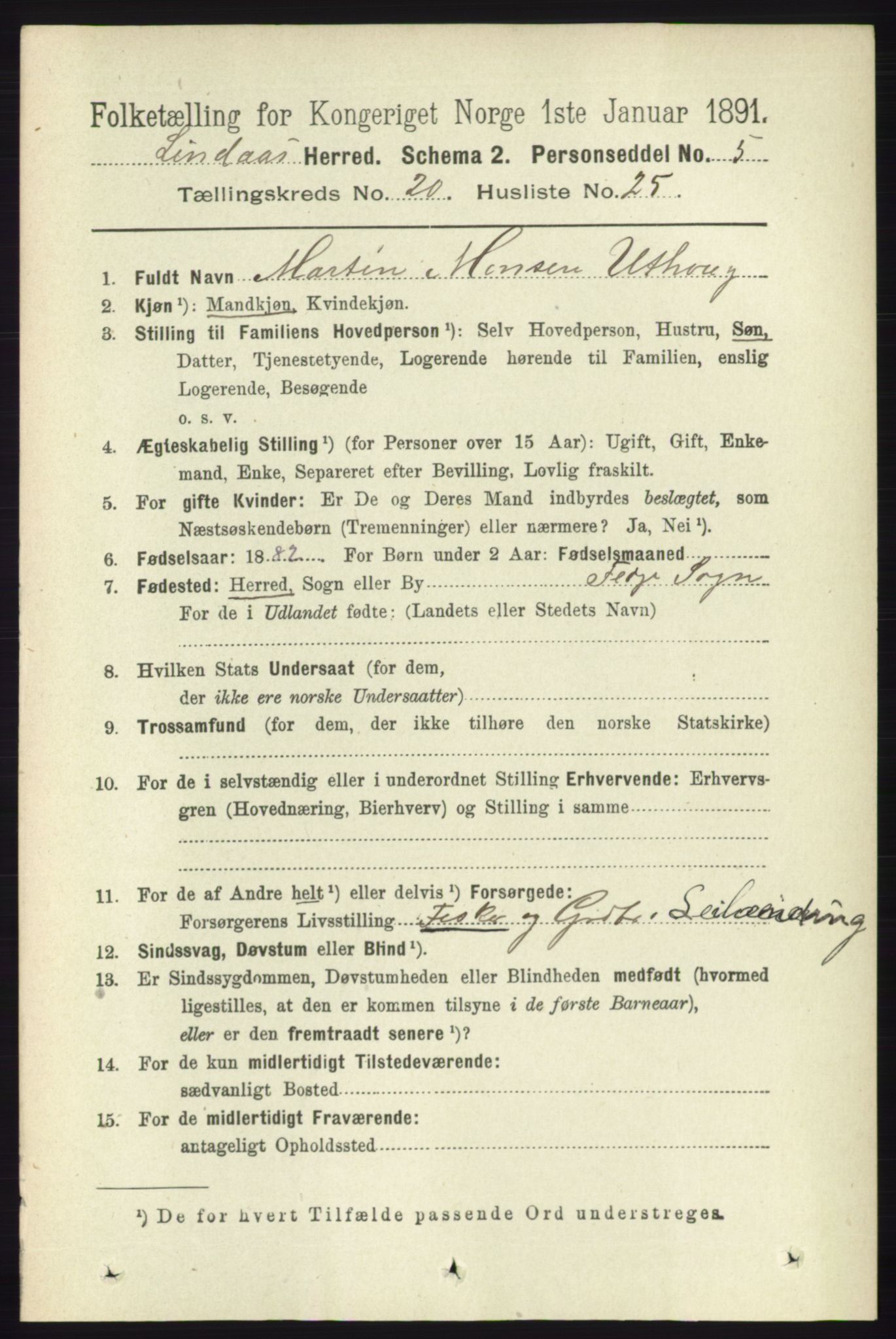 RA, 1891 census for 1263 Lindås, 1891, p. 7500