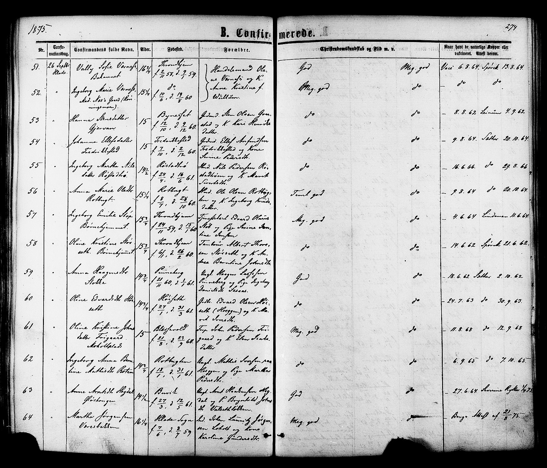 Ministerialprotokoller, klokkerbøker og fødselsregistre - Sør-Trøndelag, AV/SAT-A-1456/606/L0293: Parish register (official) no. 606A08, 1866-1877, p. 274