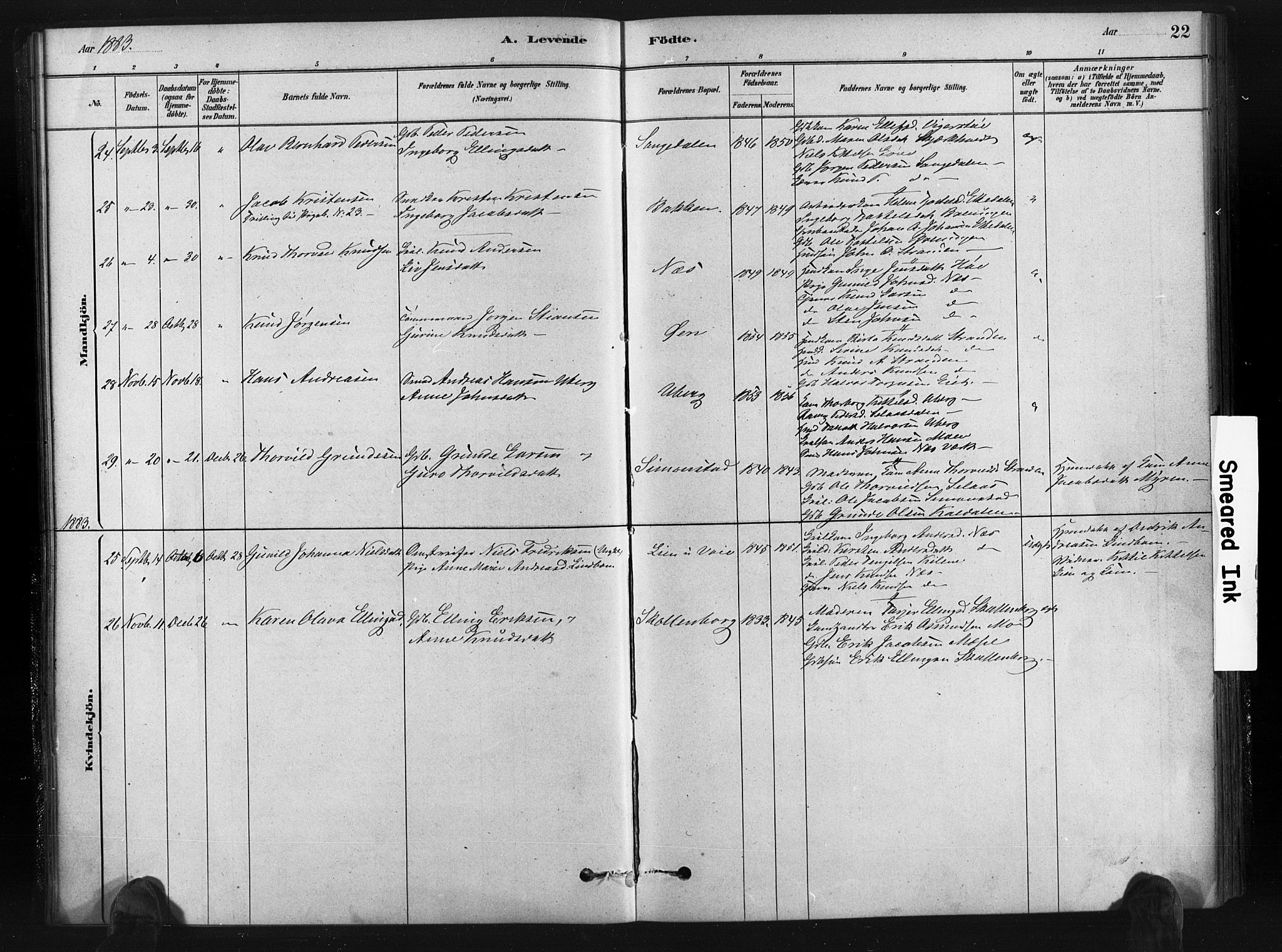 Gjerstad sokneprestkontor, AV/SAK-1111-0014/F/Fa/Fab/L0004: Parish register (official) no. A 4, 1879-1890, p. 22