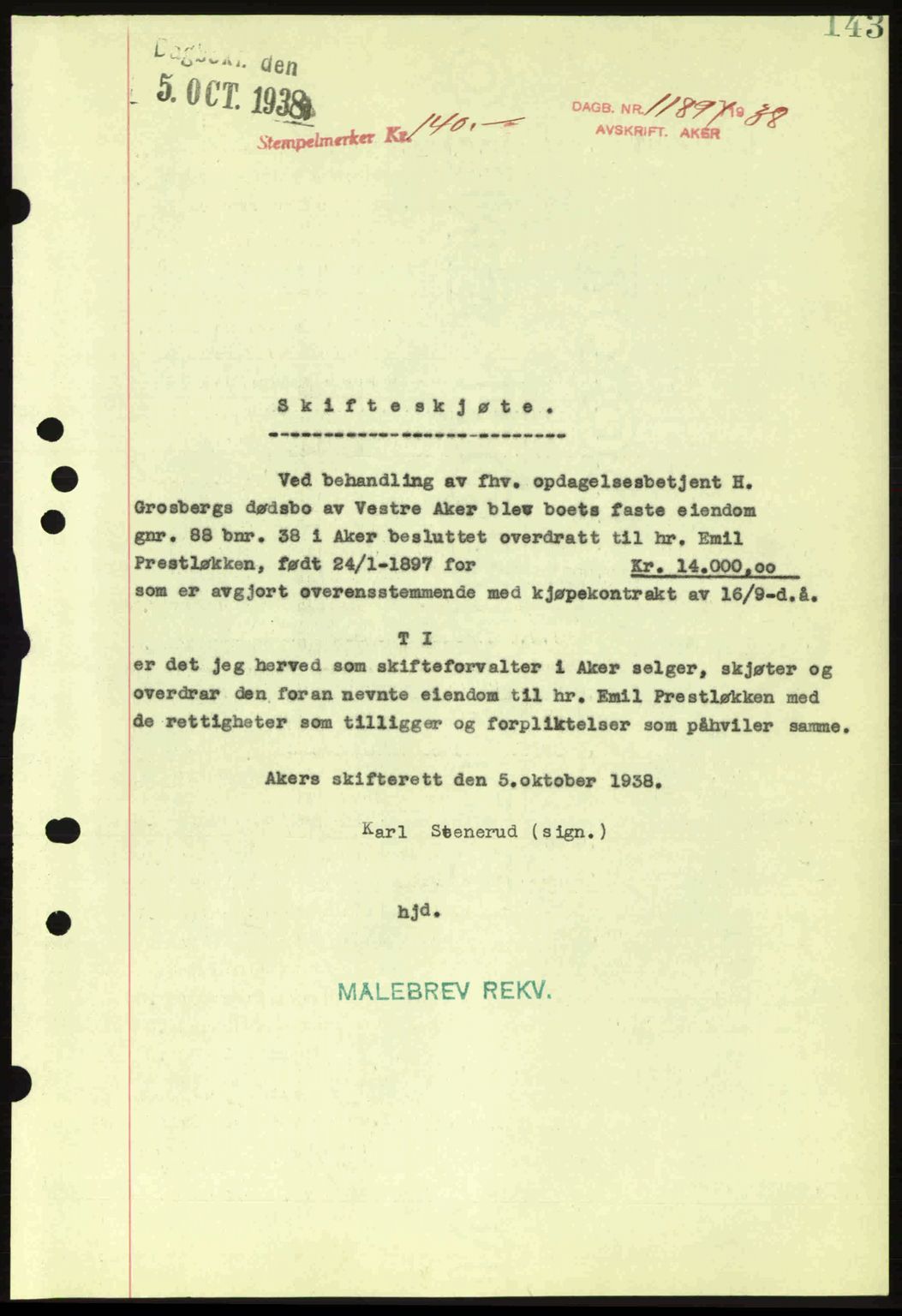 Aker herredsskriveri, SAO/A-10896/G/Gb/Gba/Gbab/L0025: Mortgage book no. A154-155, 1938-1938, Diary no: : 11897/1938