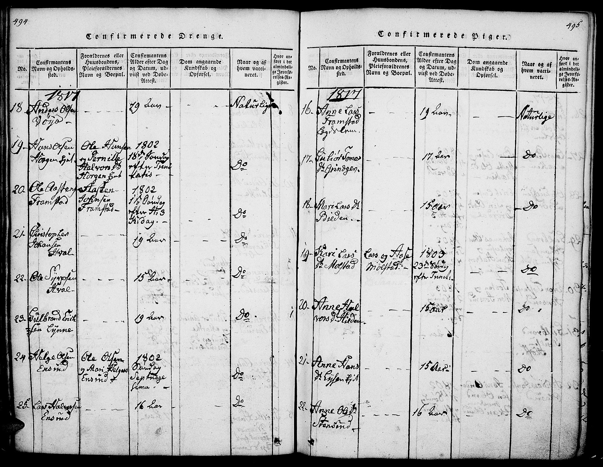 Gran prestekontor, AV/SAH-PREST-112/H/Ha/Haa/L0009: Parish register (official) no. 9, 1815-1824, p. 494-495