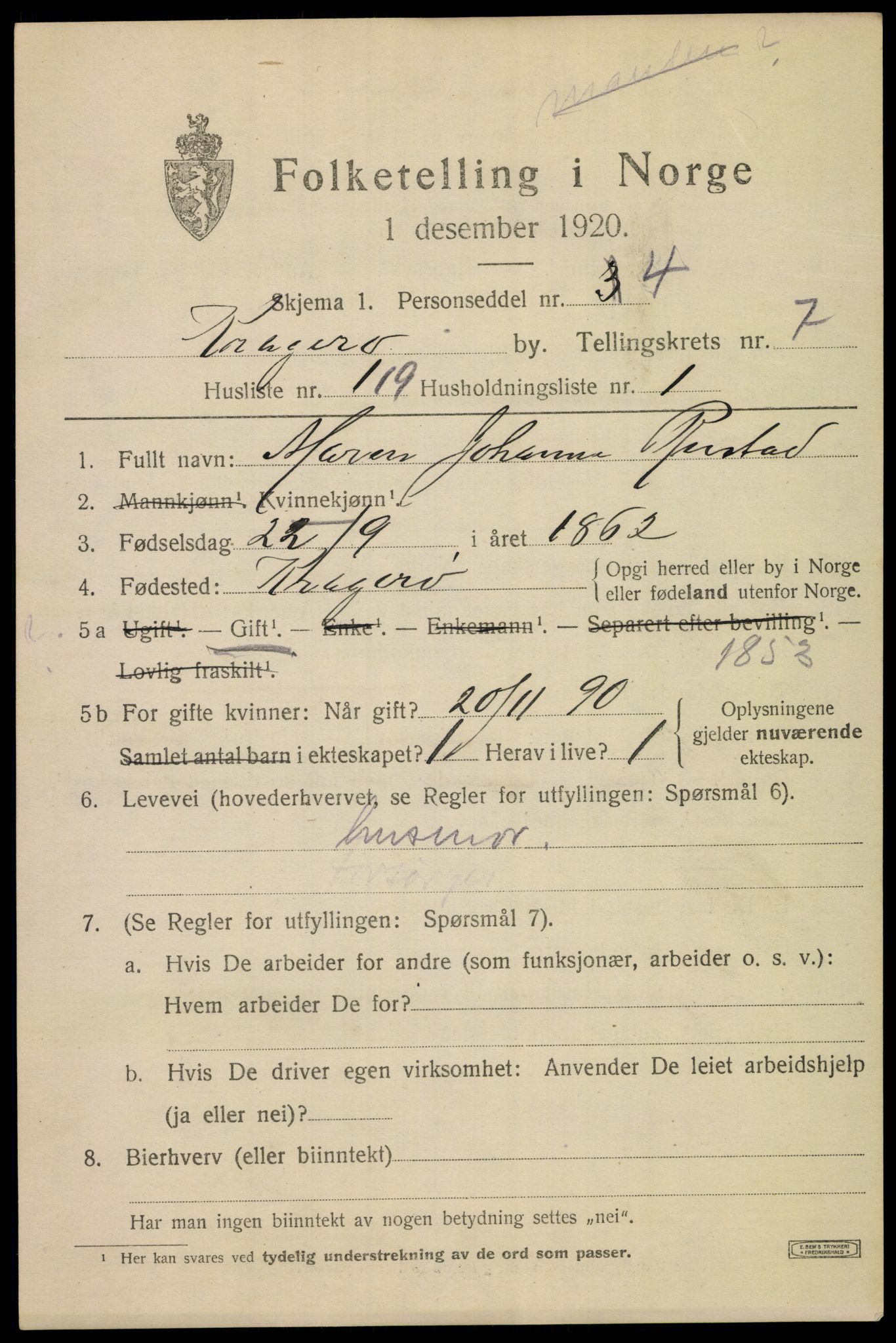 SAKO, 1920 census for Kragerø, 1920, p. 11065
