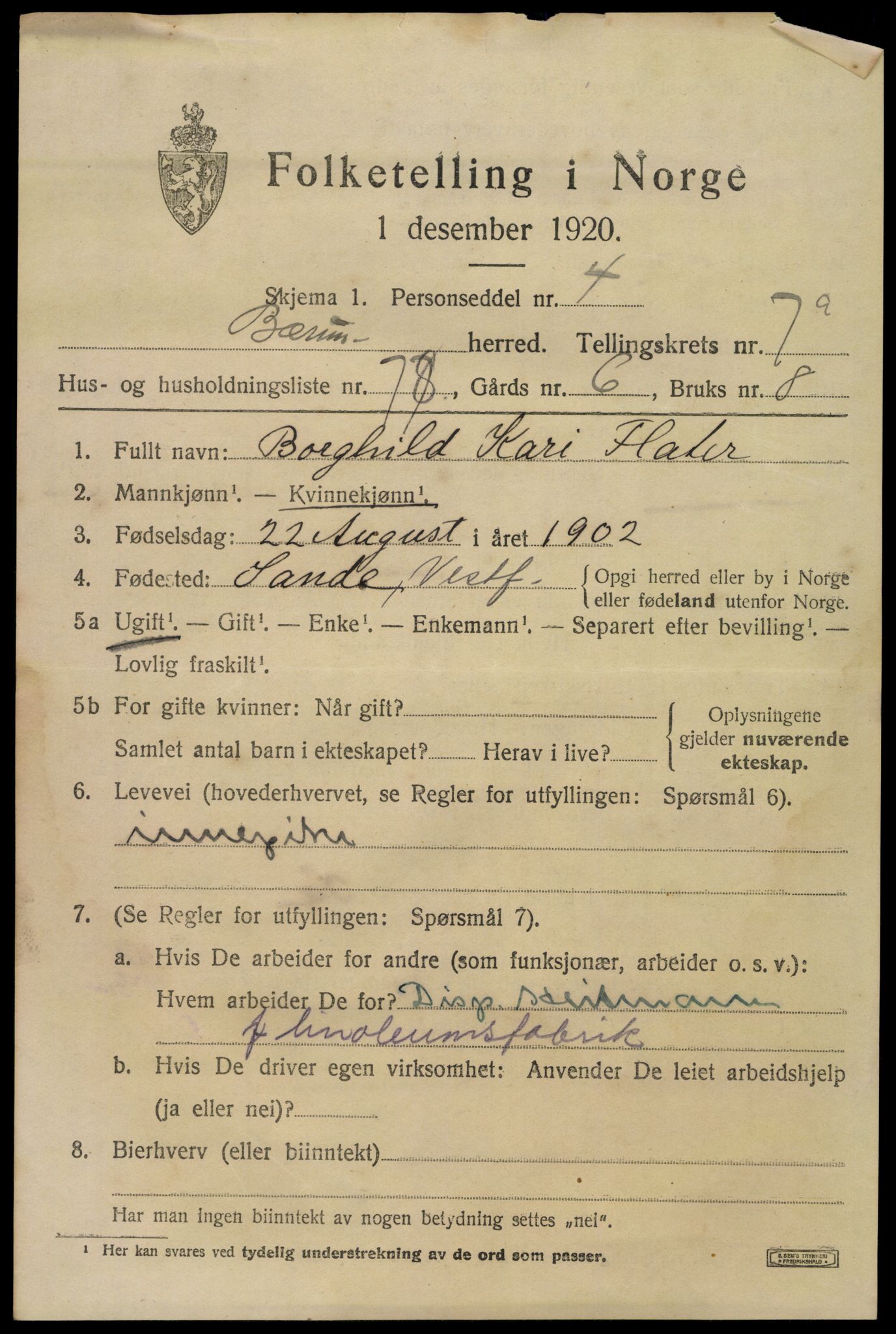 SAO, 1920 census for Bærum, 1920, p. 17316