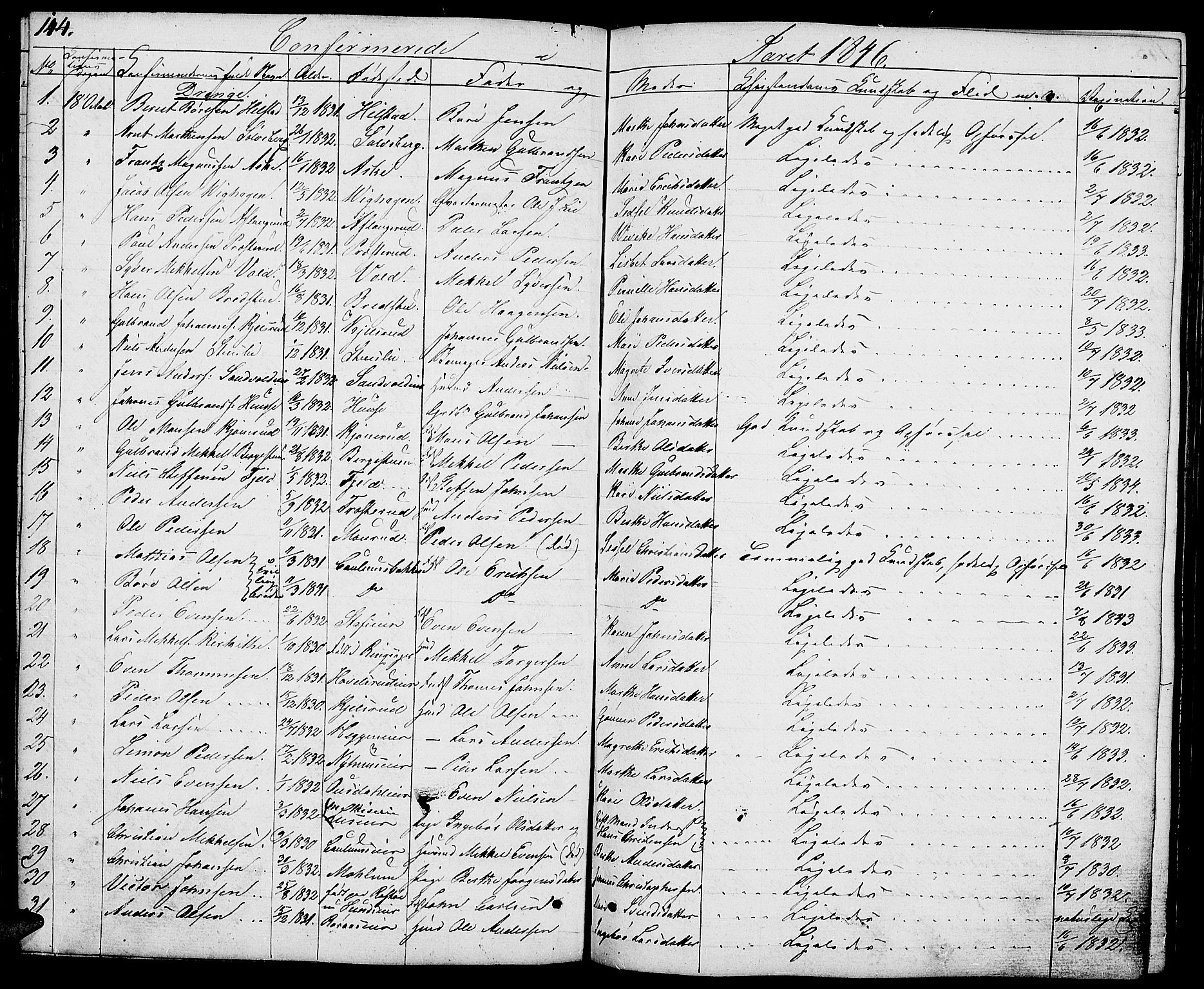Nes prestekontor, Hedmark, SAH/PREST-020/L/La/L0004: Parish register (copy) no. 4, 1832-1861, p. 144