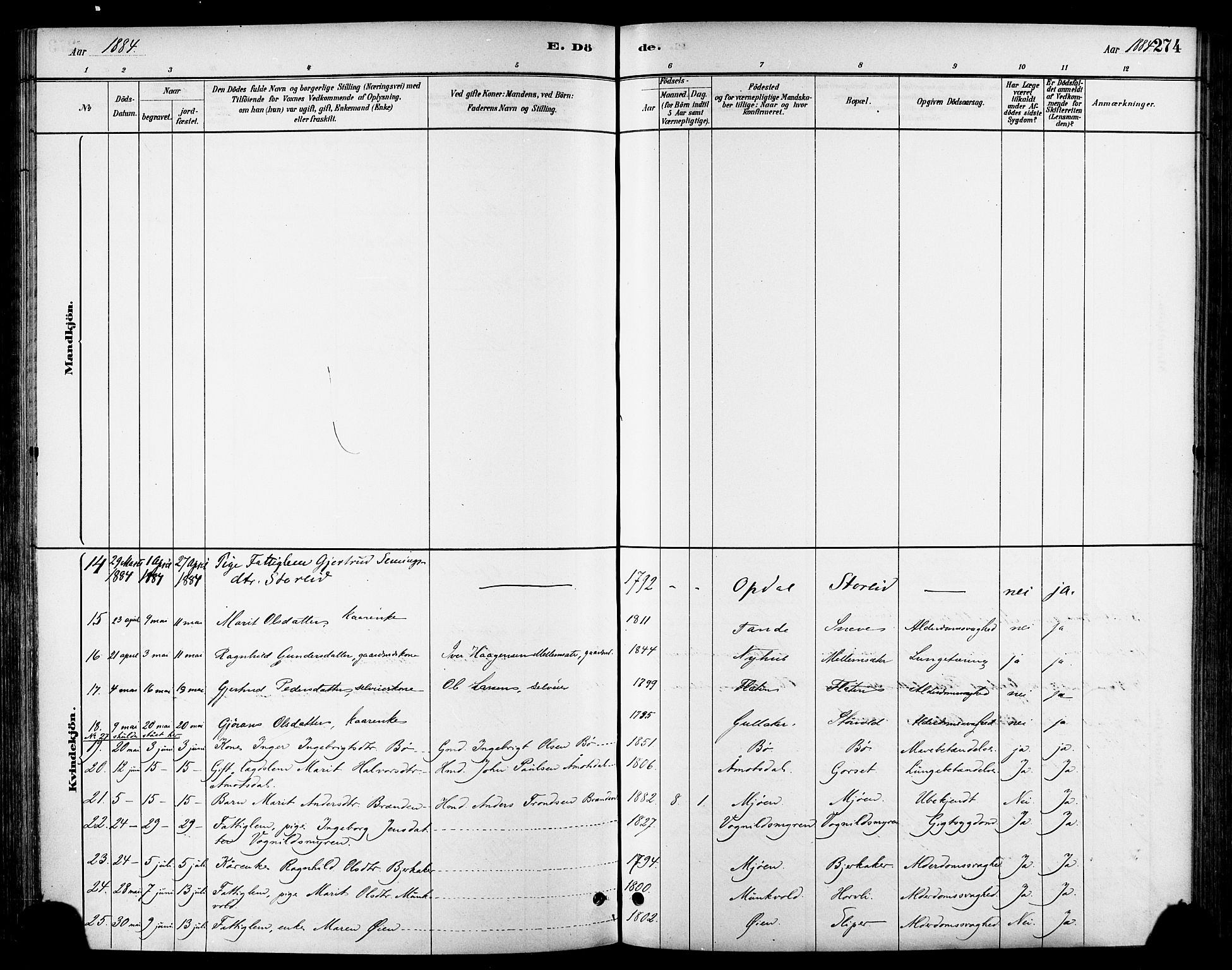 Ministerialprotokoller, klokkerbøker og fødselsregistre - Sør-Trøndelag, AV/SAT-A-1456/678/L0901: Parish register (official) no. 678A10, 1881-1894, p. 274