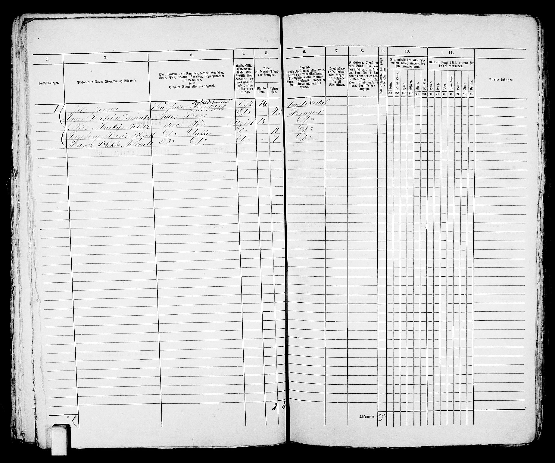 RA, 1865 census for Kragerø/Kragerø, 1865, p. 44