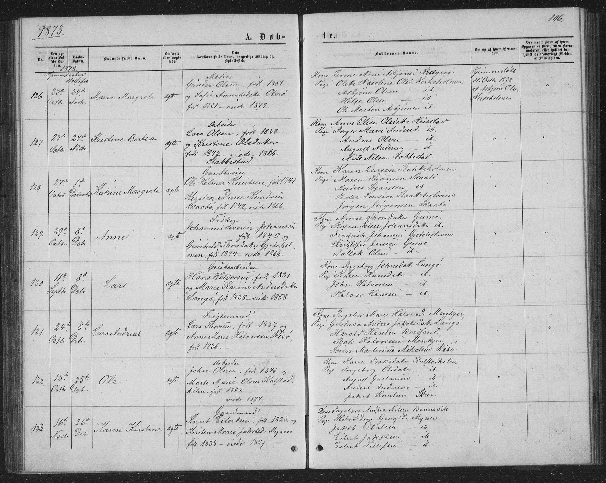 Skåtøy kirkebøker, AV/SAKO-A-304/G/Ga/L0002: Parish register (copy) no. I 2, 1872-1884, p. 106