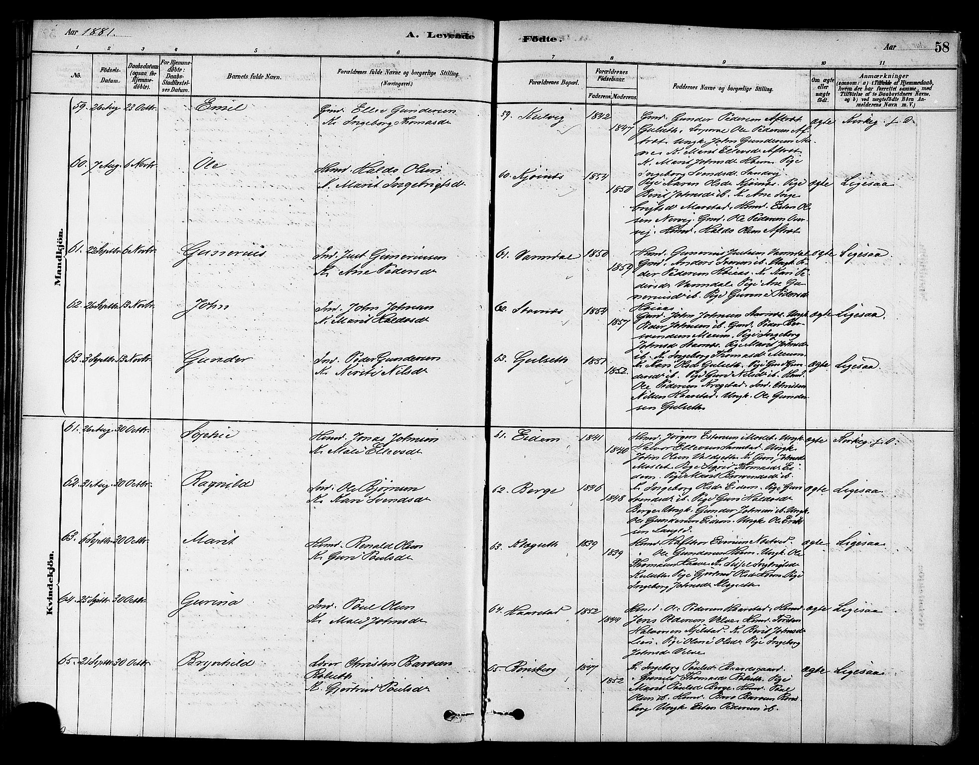 Ministerialprotokoller, klokkerbøker og fødselsregistre - Sør-Trøndelag, AV/SAT-A-1456/695/L1148: Parish register (official) no. 695A08, 1878-1891, p. 58