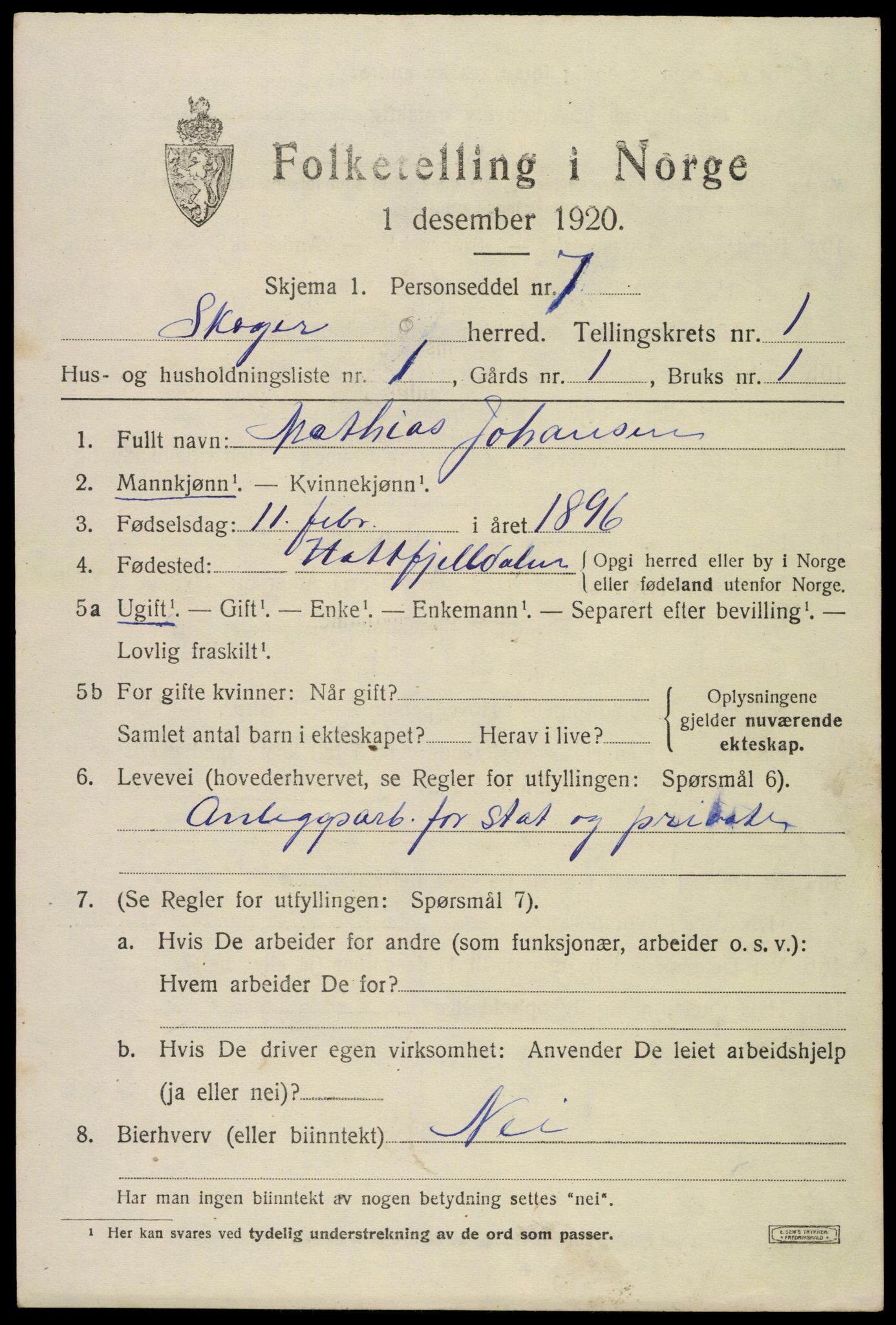 SAKO, 1920 census for Skoger, 1920, p. 2019