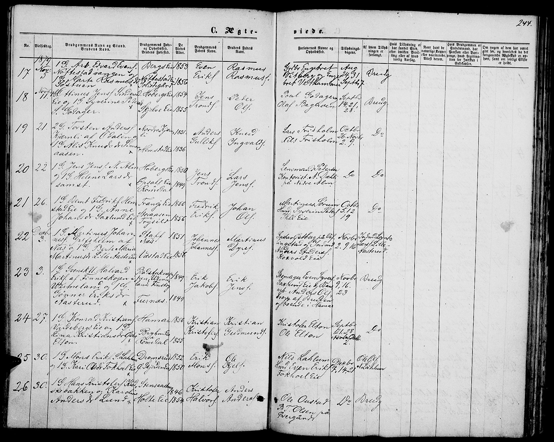 Stange prestekontor, AV/SAH-PREST-002/L/L0006: Parish register (copy) no. 6, 1864-1882, p. 244