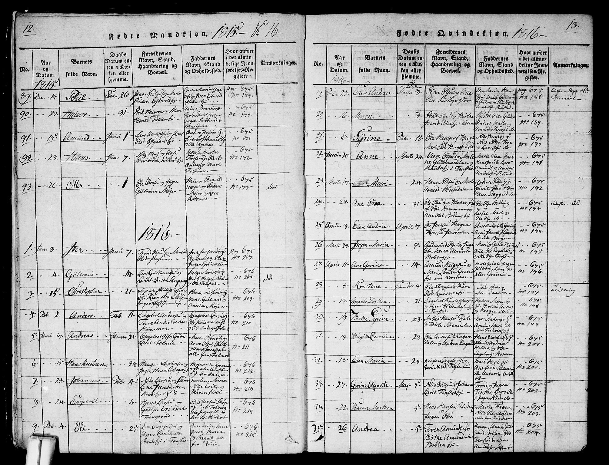 Nes prestekontor Kirkebøker, SAO/A-10410/G/Ga/L0001: Parish register (copy) no. I 1, 1815-1835, p. 12-13