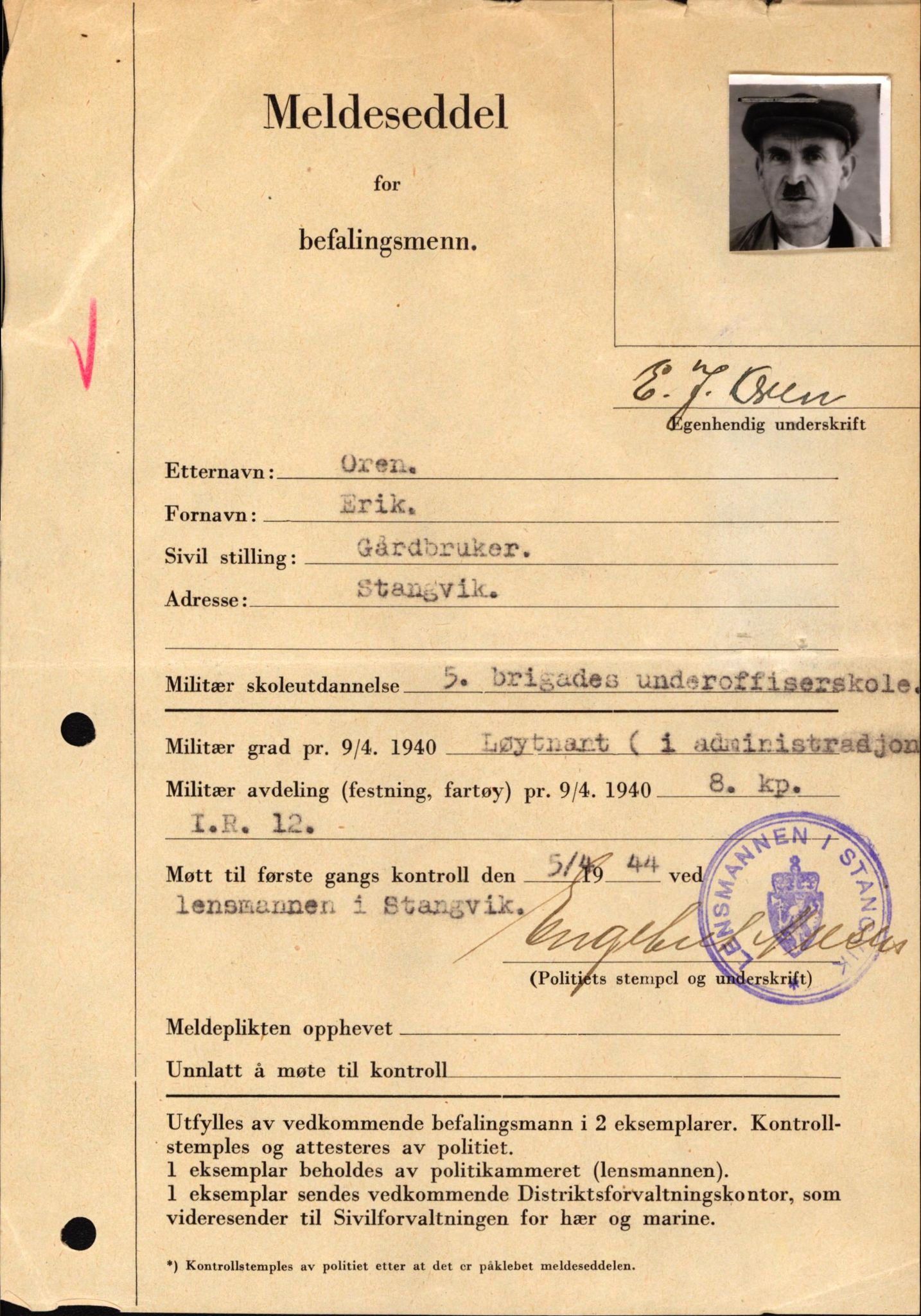 Forsvaret, Forsvarets krigshistoriske avdeling, AV/RA-RAFA-2017/Y/Yf/L0209: II-C-11-2121  -  Okkupasjonstiden.  Meldesedler for befal med foto og oppl. om militær grad 9. apr. 1940., 1944-1945, p. 474