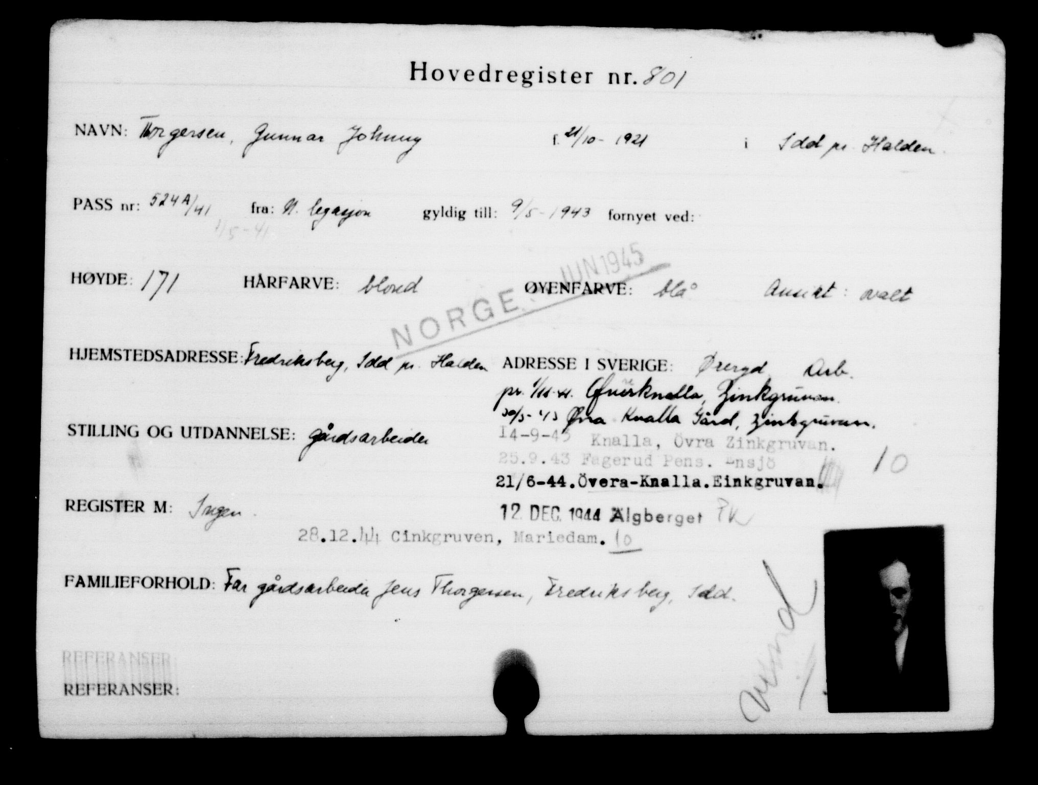 Utenriksstasjonene, Legasjonen i Stockholm, Flyktningkontoret, AV/RA-S-6753/V/Va/L0001: Kjesäterkartoteket, flyktninger med registreringsnr. 1-1000, 1940-1945, p. 1269