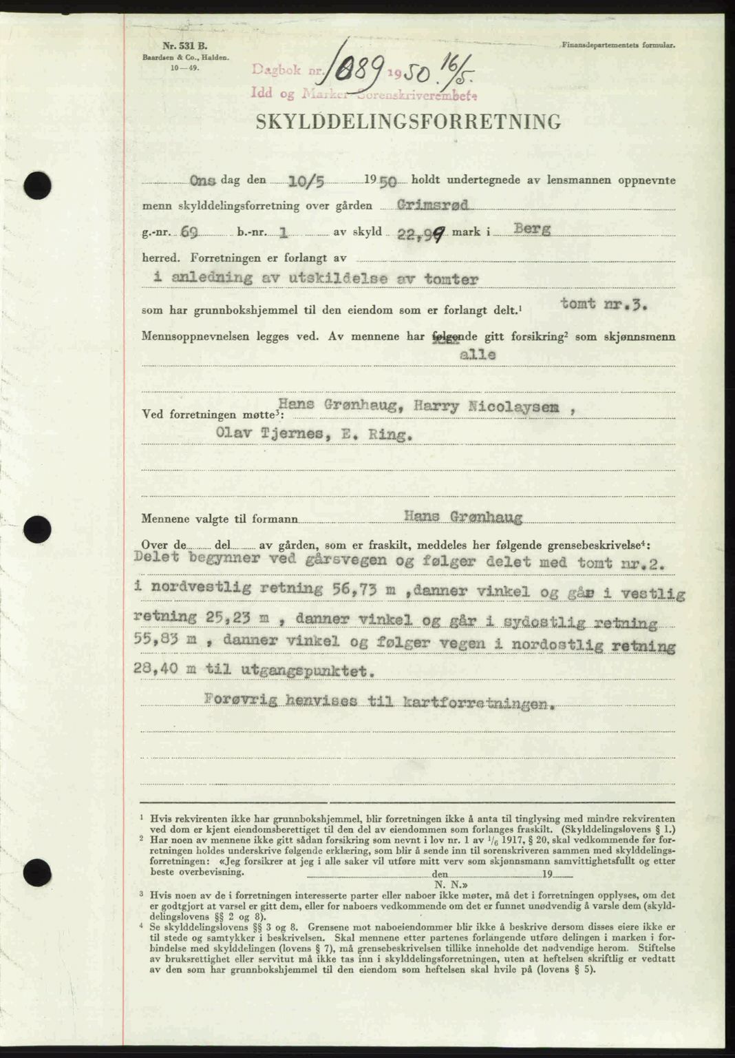 Idd og Marker sorenskriveri, AV/SAO-A-10283/G/Gb/Gbb/L0014: Mortgage book no. A14, 1950-1950, Diary no: : 1089/1950