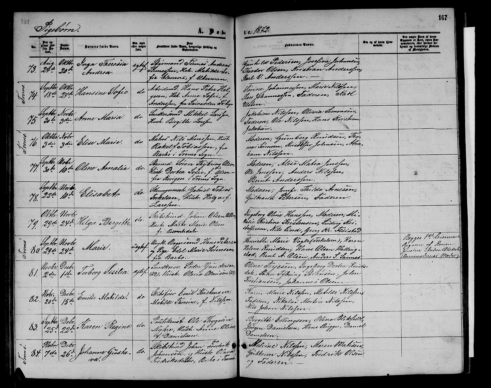 Arendal sokneprestkontor, Trefoldighet, SAK/1111-0040/F/Fb/L0004: Parish register (copy) no. B 4, 1861-1873, p. 167