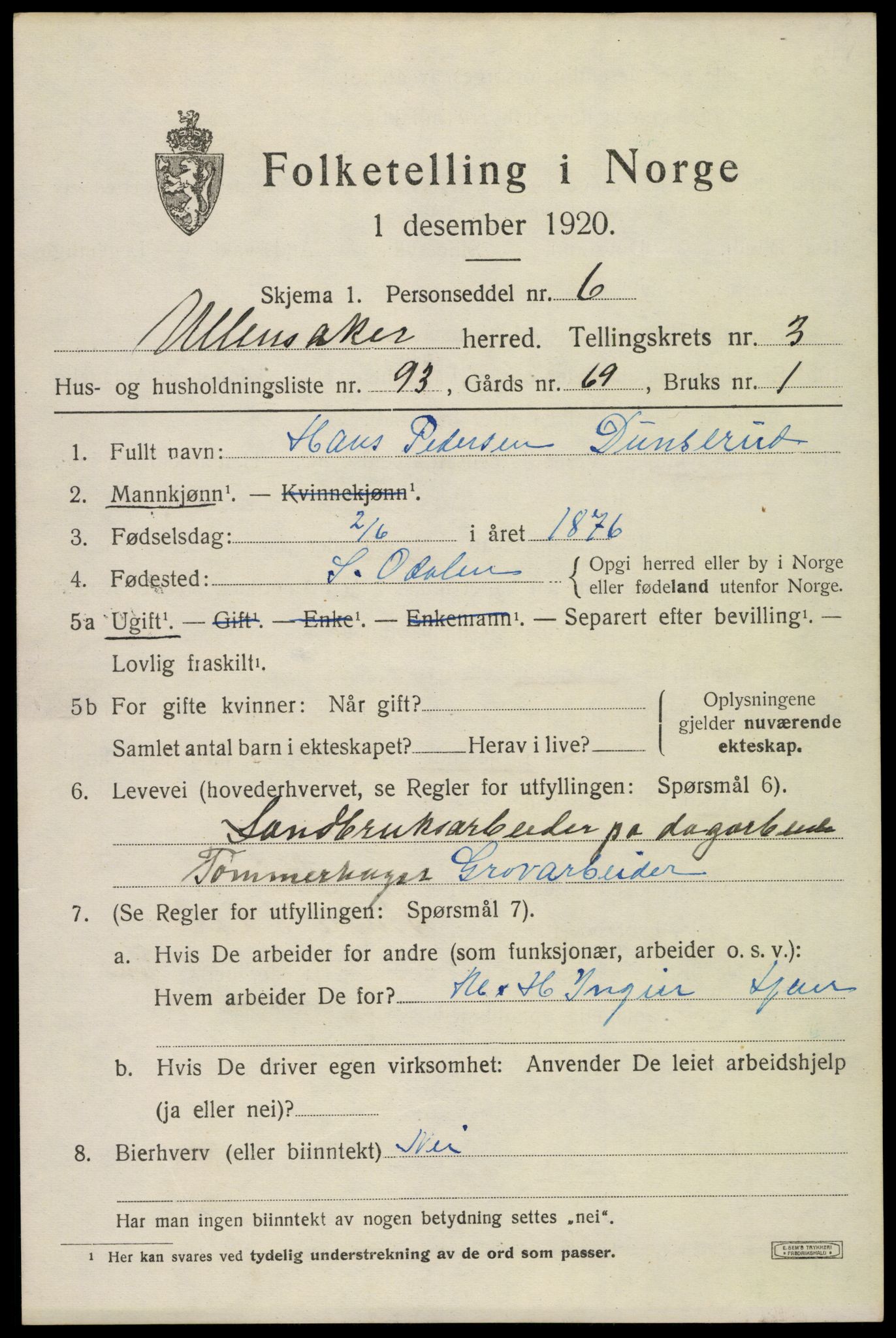 SAO, 1920 census for Ullensaker, 1920, p. 7231