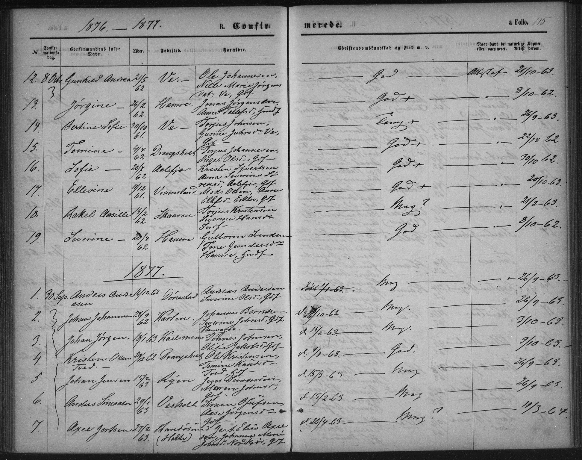 Tveit sokneprestkontor, SAK/1111-0043/F/Fa/L0006: Parish register (official) no. A 6, 1872-1886, p. 115