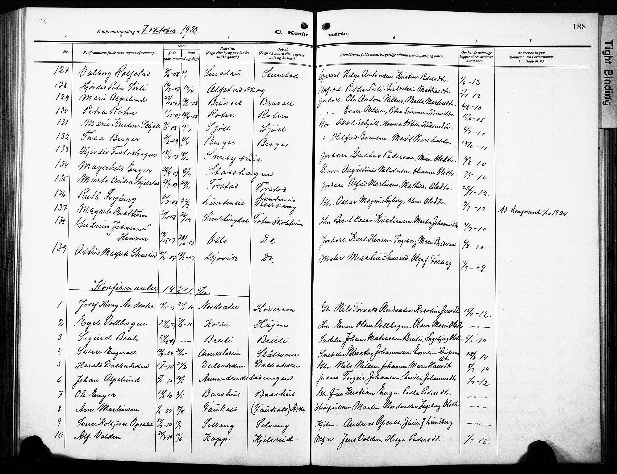 Østre Toten prestekontor, SAH/PREST-104/H/Ha/Hab/L0010: Parish register (copy) no. 10, 1912-1933, p. 188