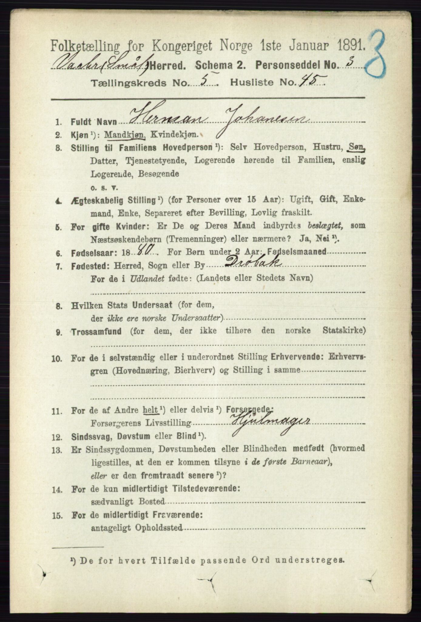 RA, 1891 census for 0137 Våler, 1891, p. 2248