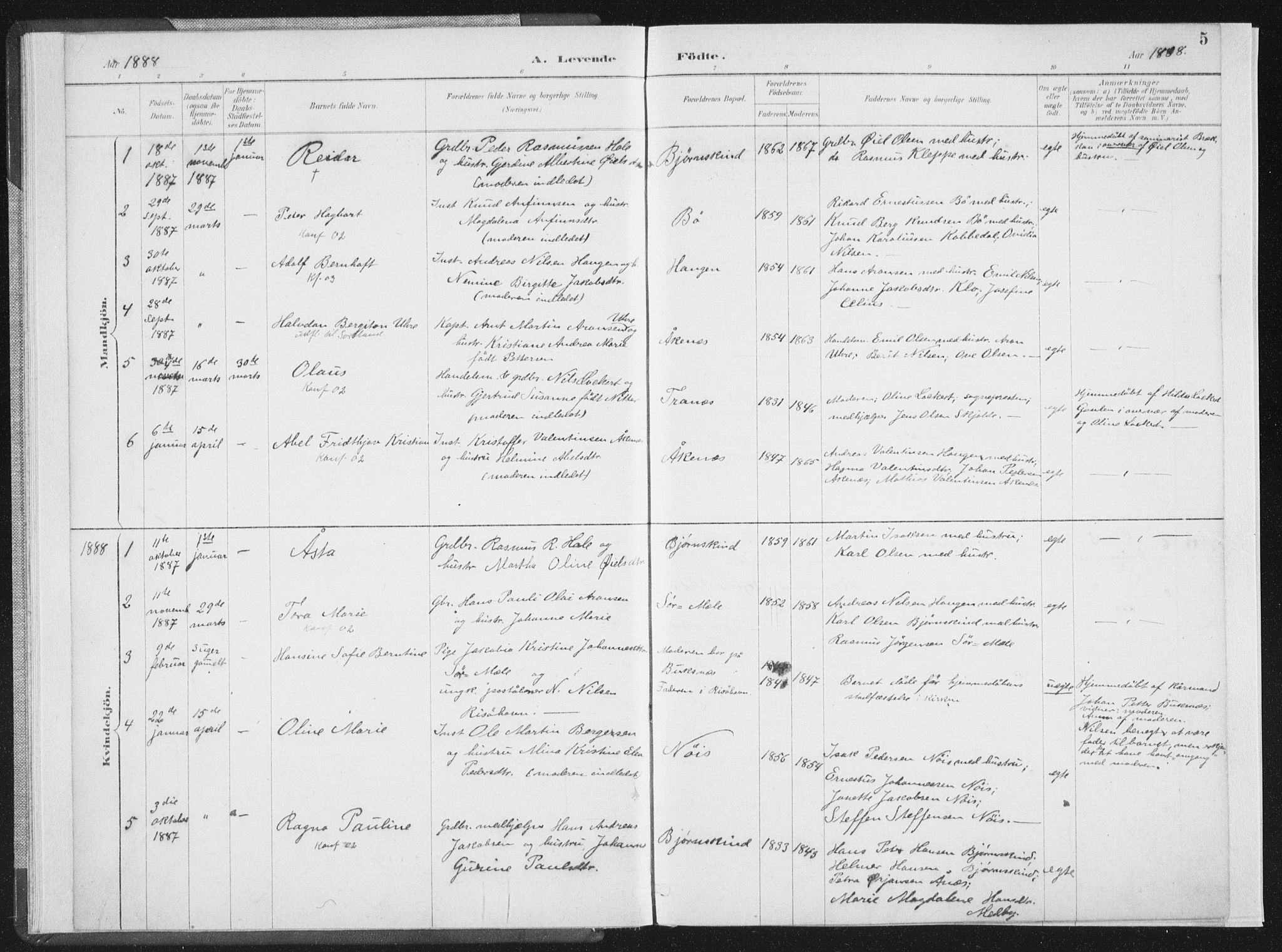 Ministerialprotokoller, klokkerbøker og fødselsregistre - Nordland, SAT/A-1459/898/L1422: Parish register (official) no. 898A02, 1887-1908, p. 5