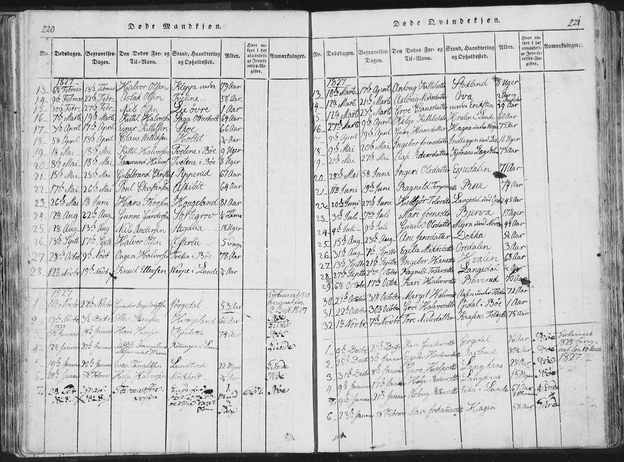 Bø kirkebøker, SAKO/A-257/F/Fa/L0006: Parish register (official) no. 6, 1815-1831, p. 220-221