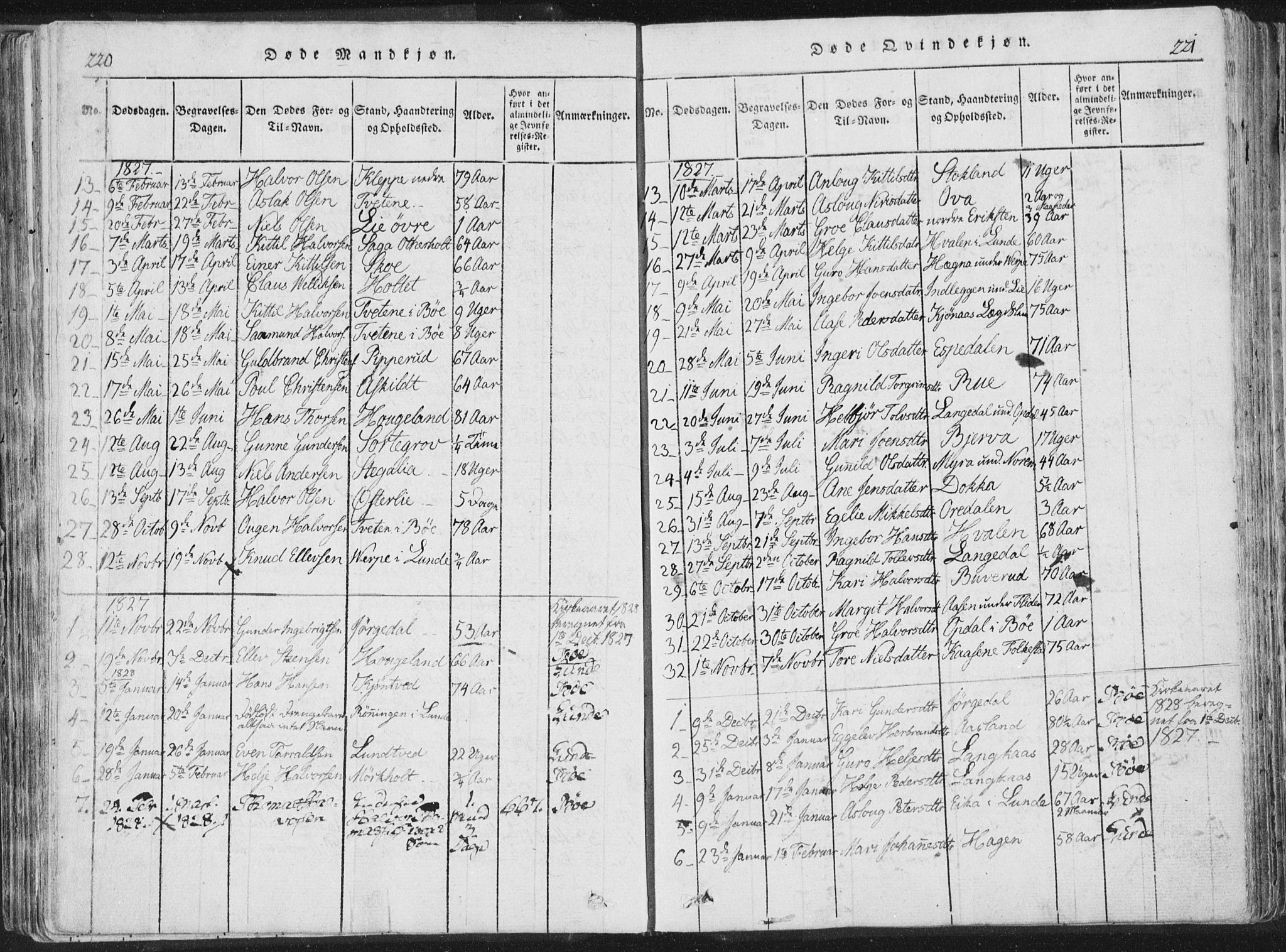 Bø kirkebøker, AV/SAKO-A-257/F/Fa/L0006: Parish register (official) no. 6, 1815-1831, p. 220-221