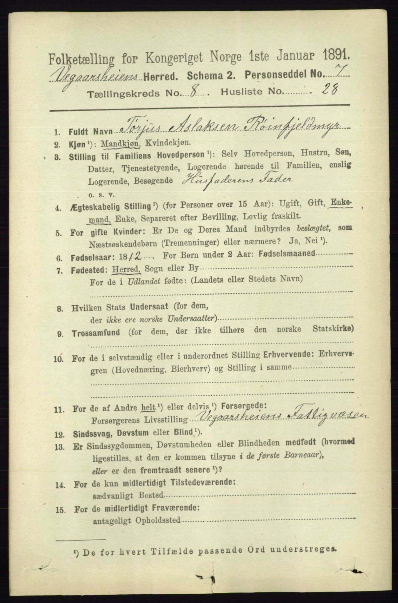 RA, 1891 census for 0912 Vegårshei, 1891, p. 1709