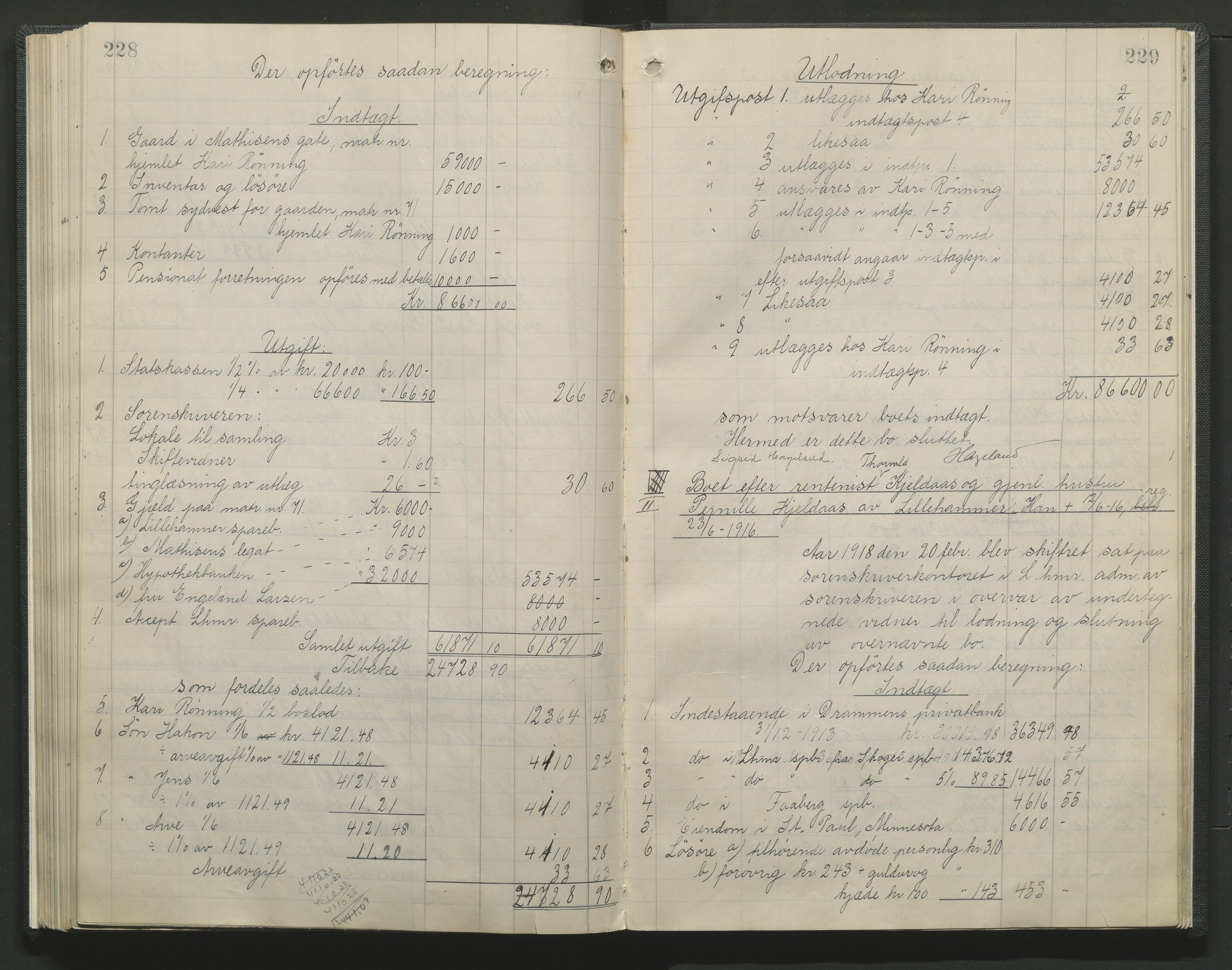 Sør-Gudbrandsdal tingrett, SAH/TING-004/J/Ja/Jag/L0001: Skifteutlodningsprotokoll - Lillehammer by, 1903-1923, p. 228-229