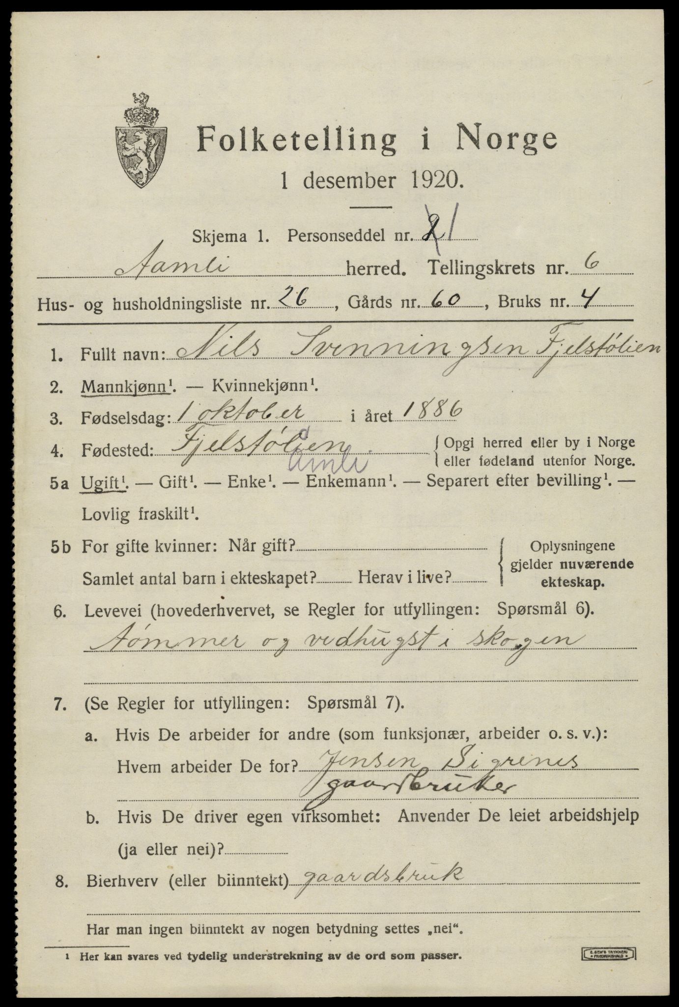 SAK, 1920 census for Åmli, 1920, p. 2901