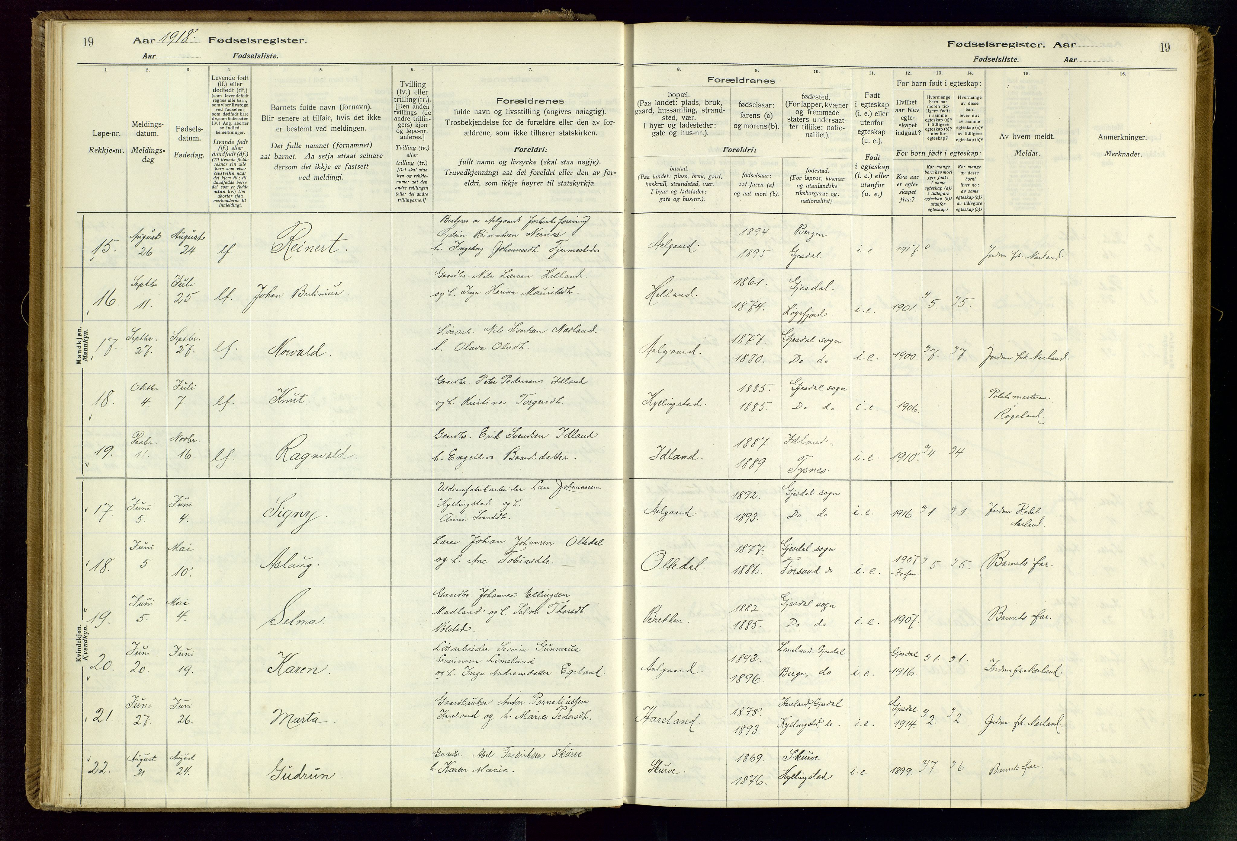 Gjesdal sokneprestkontor, SAST/A-101796/002/O/L0001: Birth register no. 1, 1916-1949, p. 19