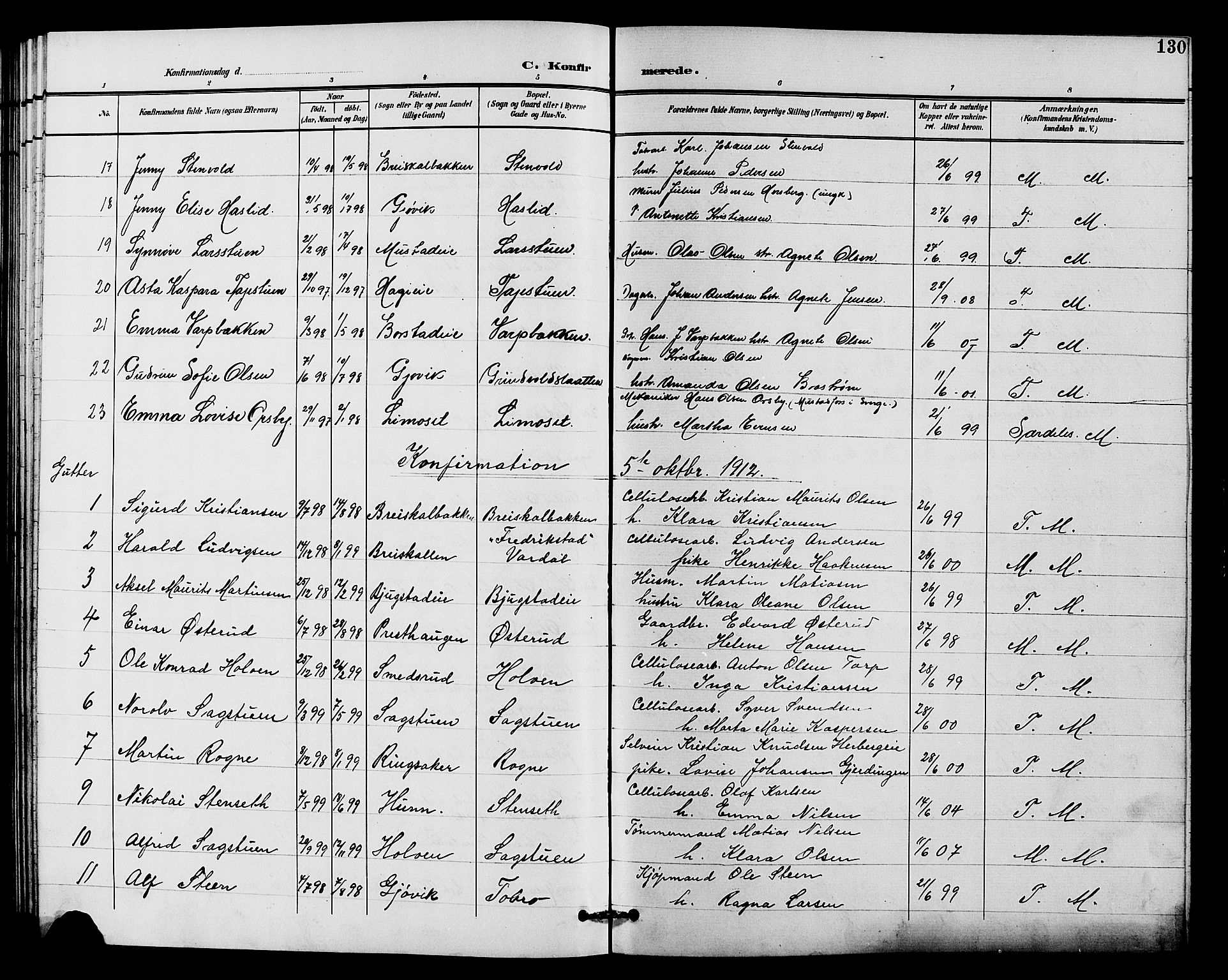 Vardal prestekontor, AV/SAH-PREST-100/H/Ha/Hab/L0011: Parish register (copy) no. 11, 1899-1913, p. 130