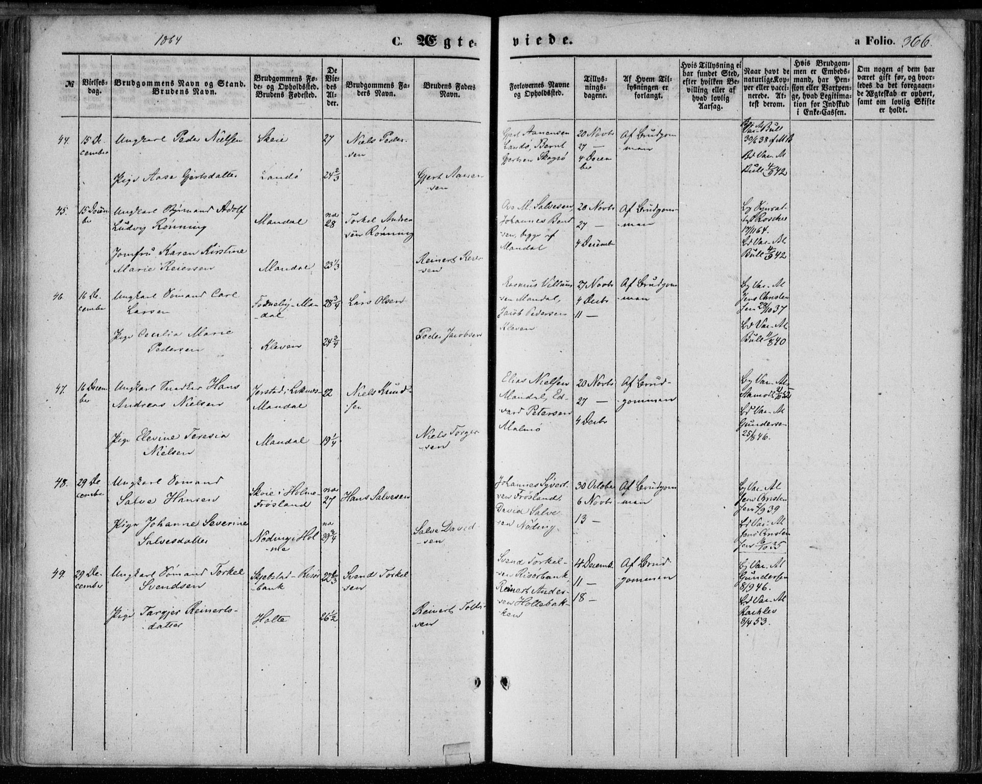 Mandal sokneprestkontor, AV/SAK-1111-0030/F/Fa/Faa/L0014: Parish register (official) no. A 14, 1859-1872, p. 366