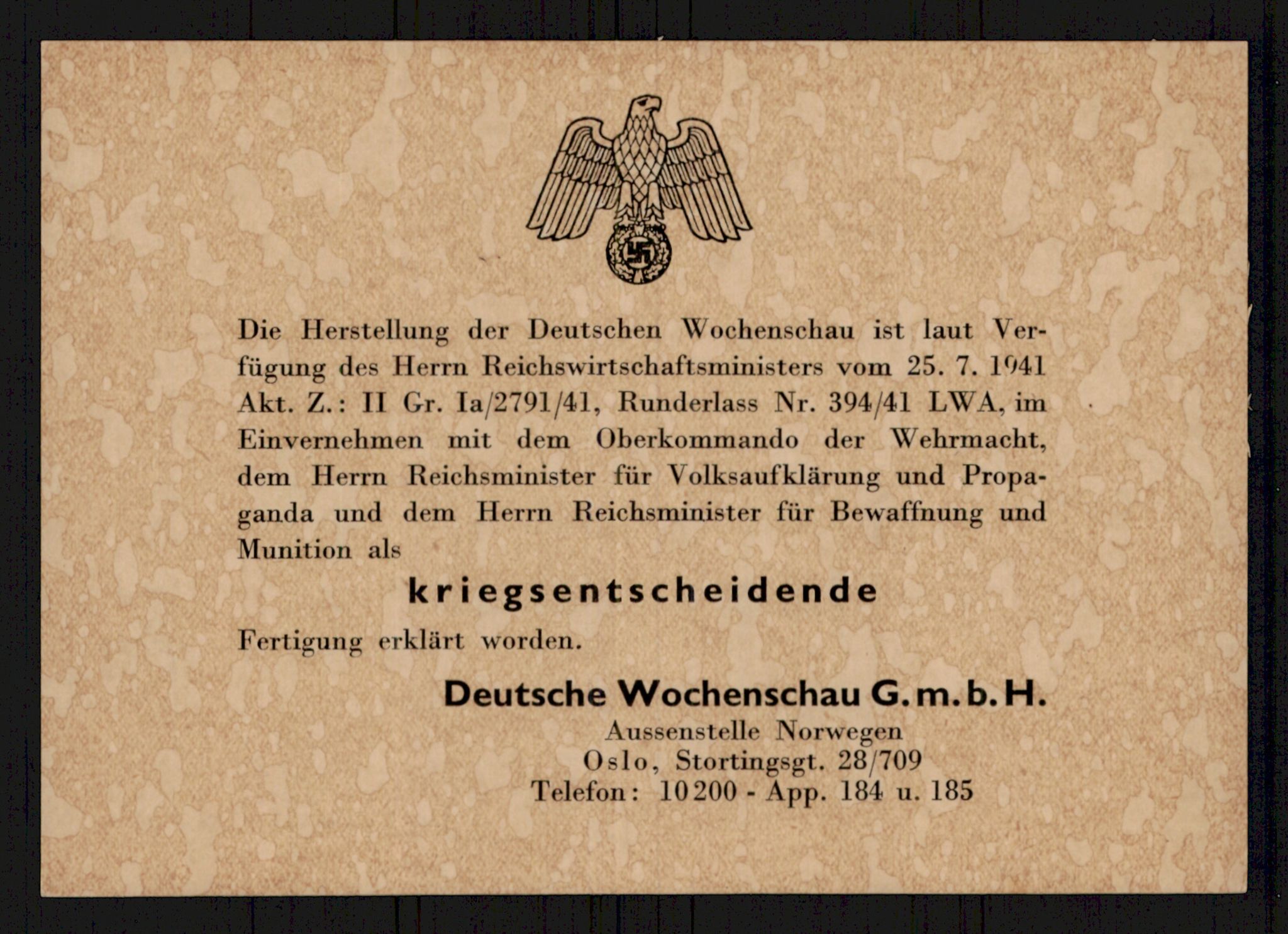 Tyske arkiver, Reichskommissariat, AV/RA-RAFA-2174/E/Ei/L0002/0004: Dokumentsamling / Dokumenter etter Hans Winterfeldt, Deutsche Wochenschau , 1942-1944, p. 726