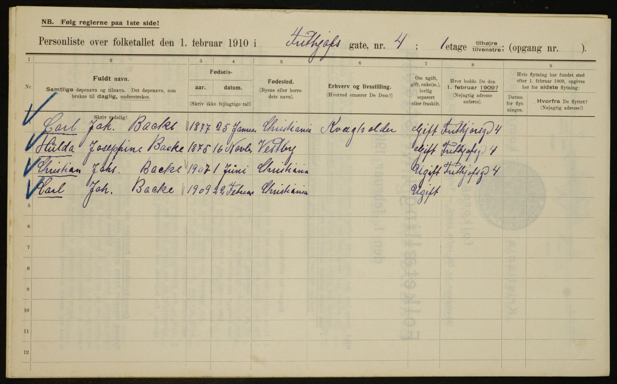 OBA, Municipal Census 1910 for Kristiania, 1910, p. 25124