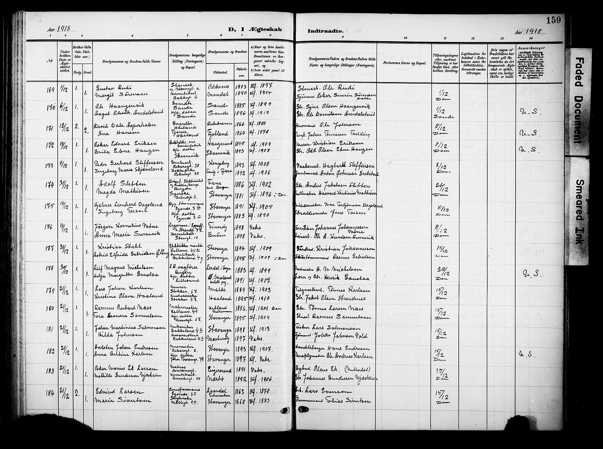 Domkirken sokneprestkontor, AV/SAST-A-101812/001/30/30BB/L0017: Parish register (copy) no. B 17, 1902-1921, p. 159