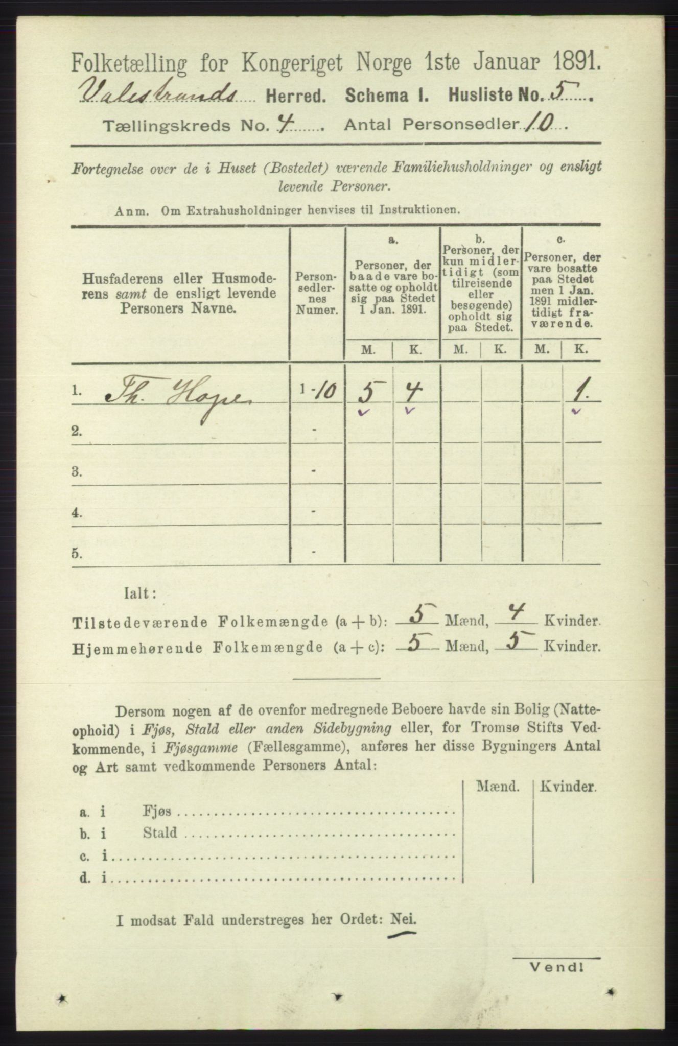 RA, 1891 census for 1217 Valestrand, 1891, p. 835