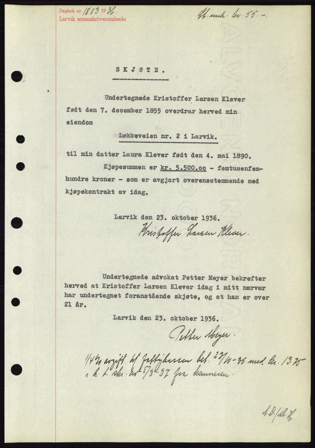 Larvik sorenskriveri, SAKO/A-83/G/Ga/Gab/L0067: Mortgage book no. A-1, 1936-1937, Diary no: : 1803/1936