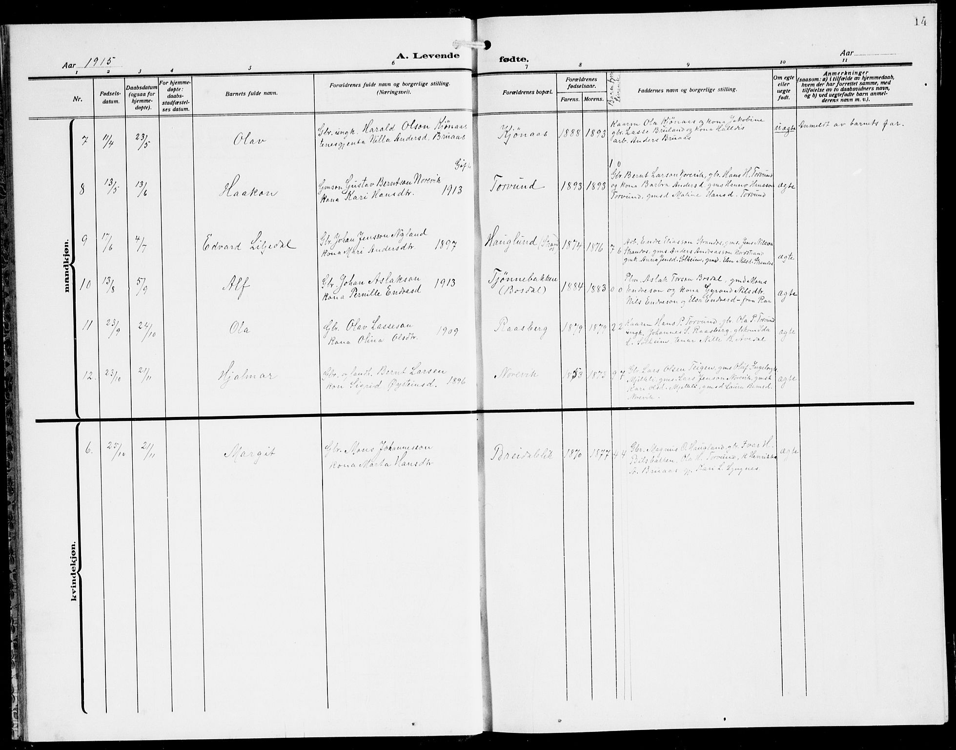 Lavik sokneprestembete, SAB/A-80901: Parish register (copy) no. A 3, 1911-1942, p. 14