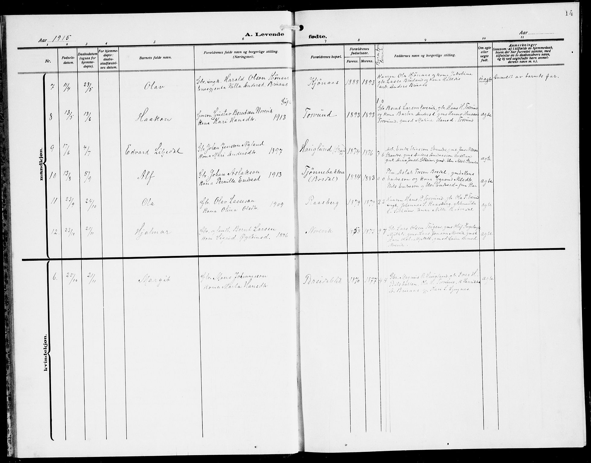 Lavik sokneprestembete, AV/SAB-A-80901: Parish register (copy) no. A 3, 1911-1942, p. 14