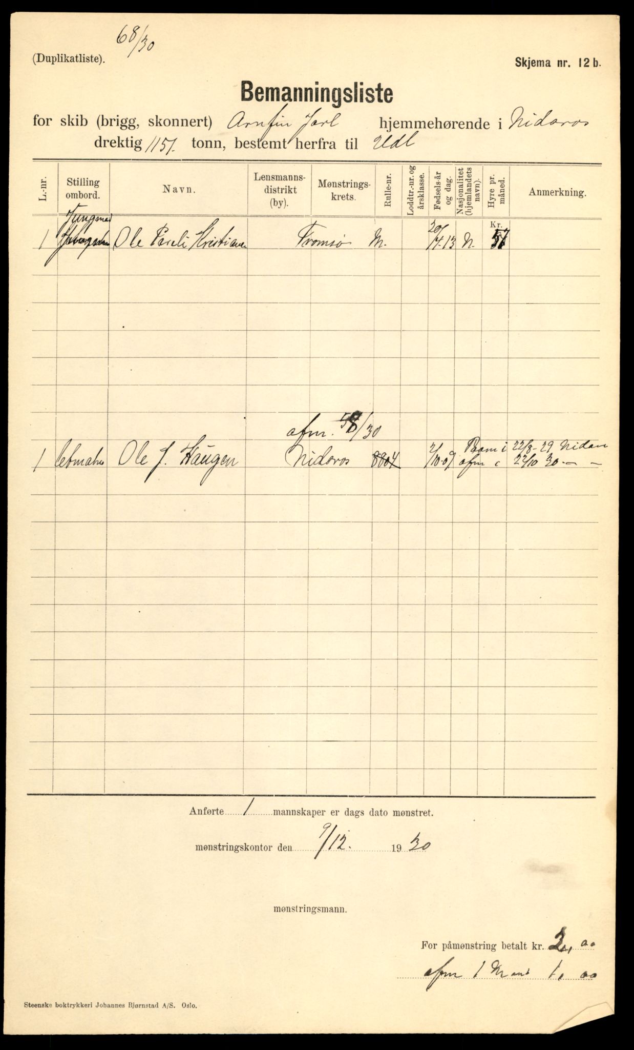 Trondheim sjømannskontor, AV/SAT-A-4709/1/G/L0001: Bemanningslister, 1930-1937, p. 9