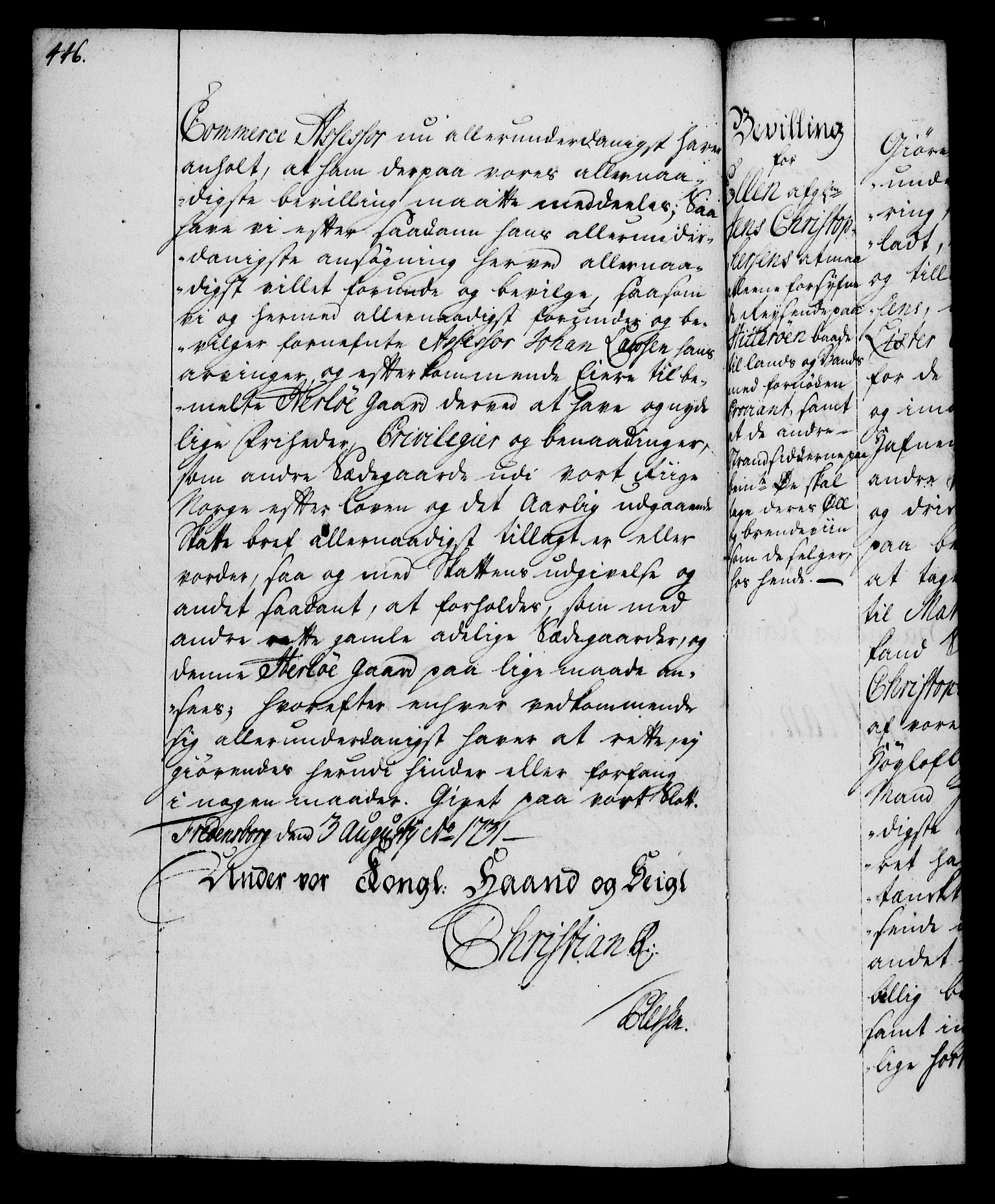 Rentekammeret, Kammerkanselliet, RA/EA-3111/G/Gg/Gga/L0003: Norsk ekspedisjonsprotokoll med register (merket RK 53.3), 1727-1734, p. 446