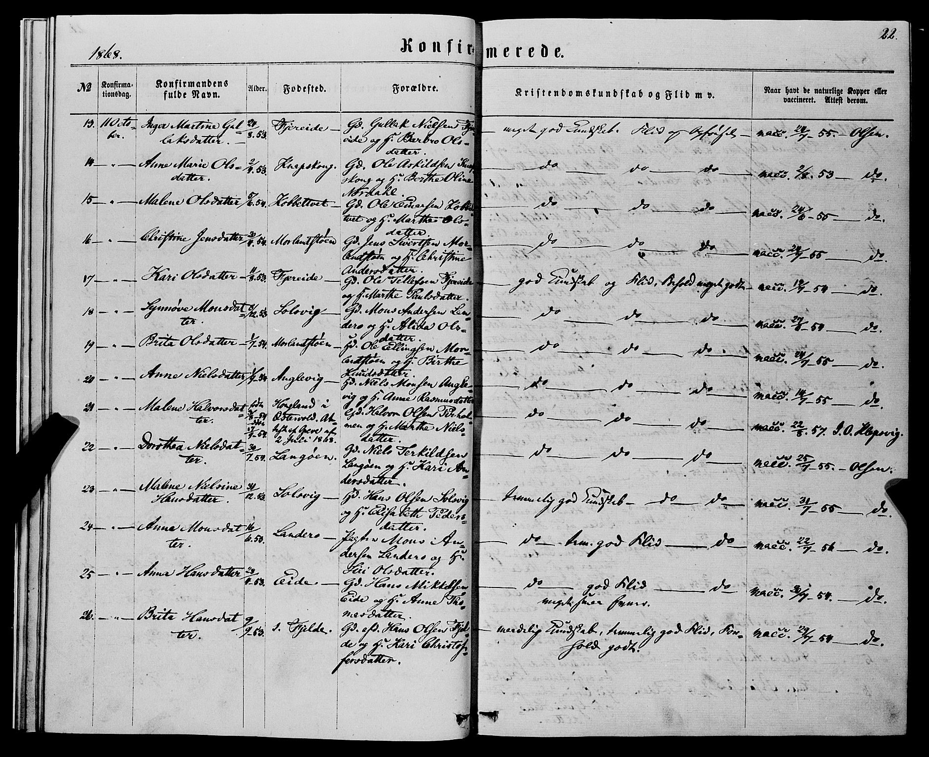 Fjell sokneprestembete, SAB/A-75301/H/Haa: Parish register (official) no. A 5, 1864-1877, p. 22