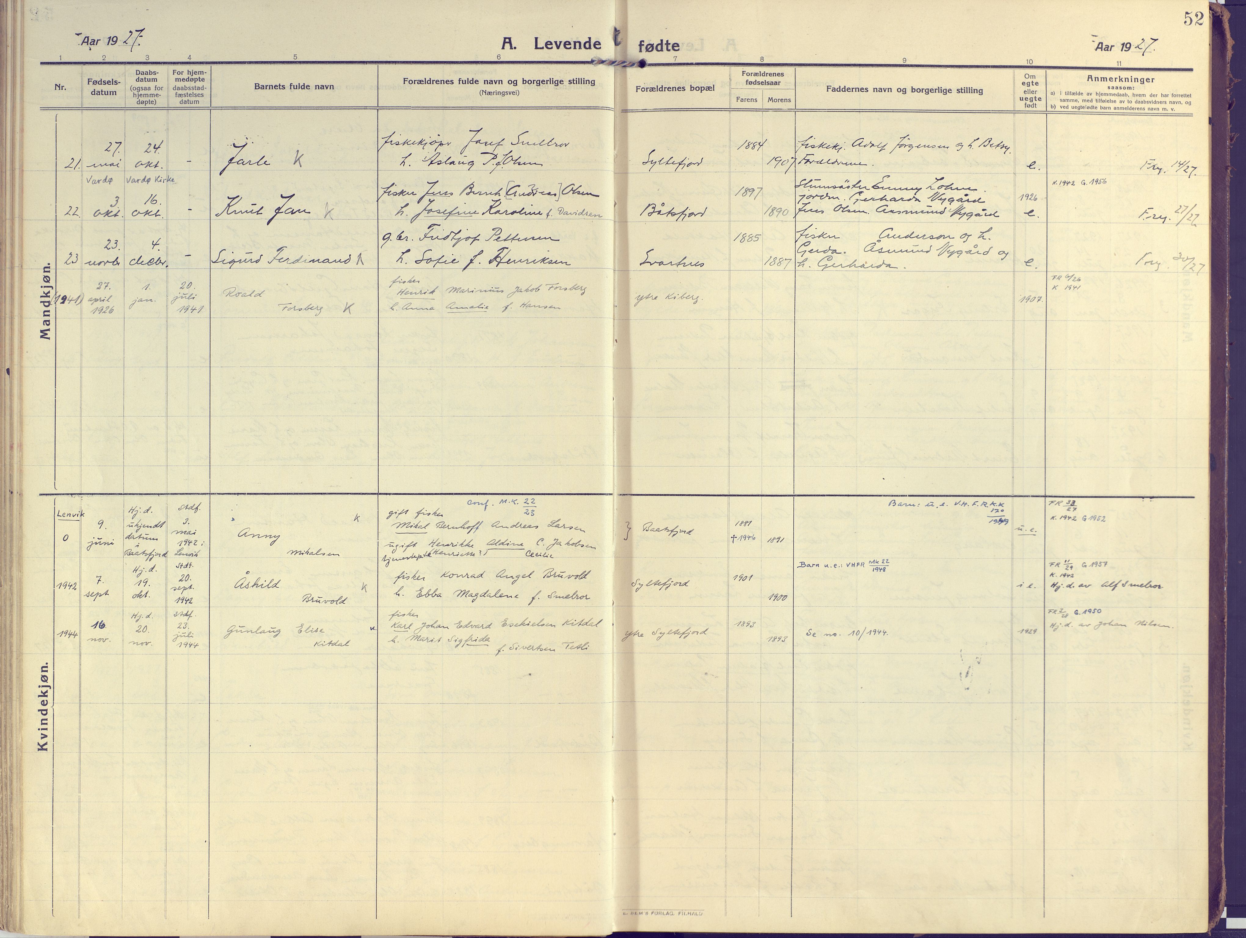 Vardø sokneprestkontor, SATØ/S-1332/H/Ha/L0013kirke: Parish register (official) no. 13, 1912-1928, p. 52