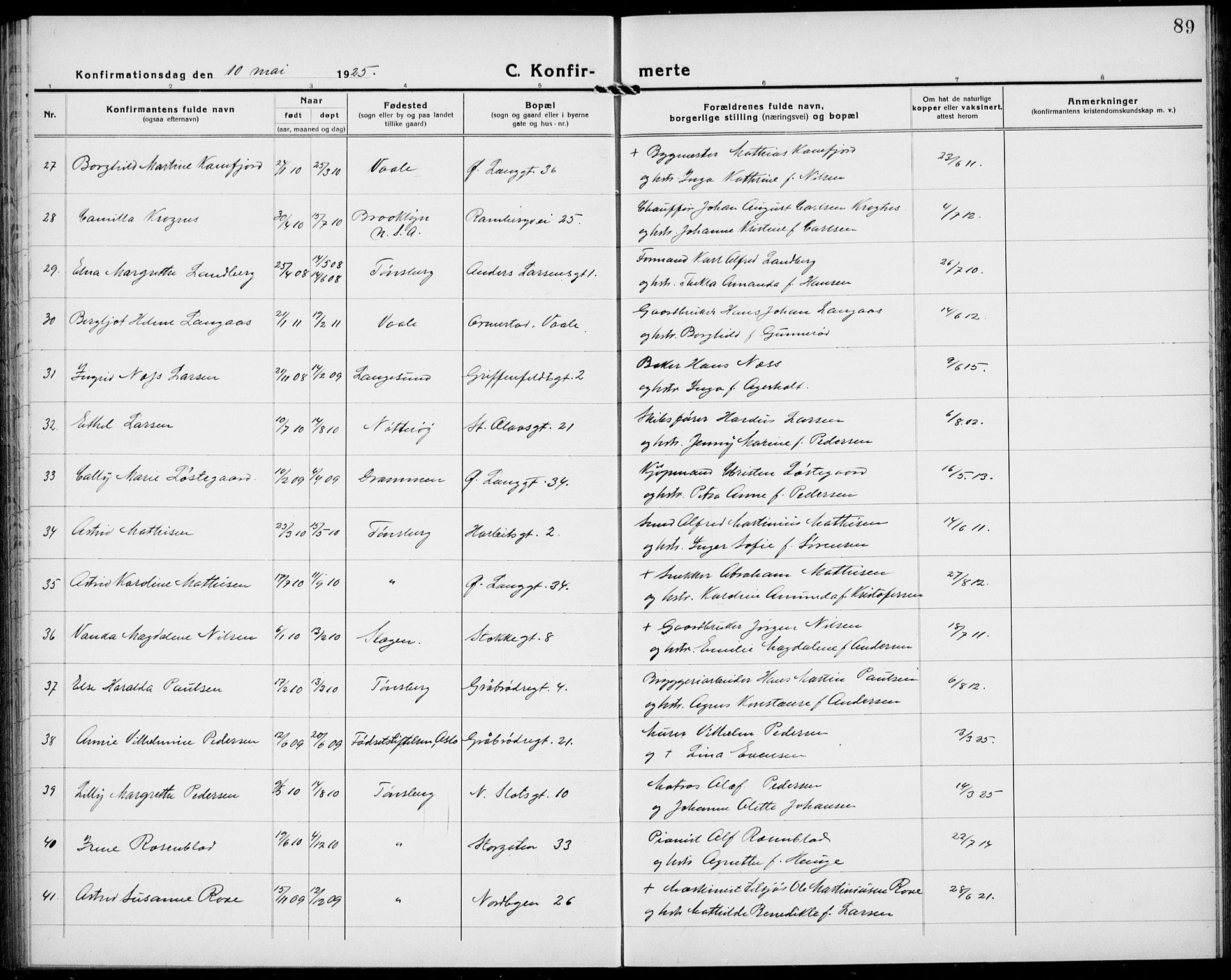 Tønsberg kirkebøker, AV/SAKO-A-330/G/Ga/L0013: Parish register (copy) no. 13, 1920-1929, p. 89