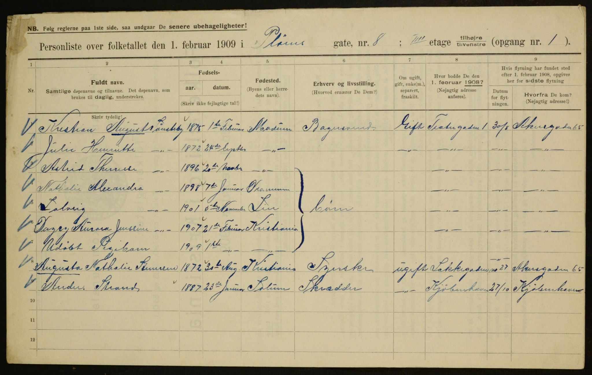 OBA, Municipal Census 1909 for Kristiania, 1909, p. 73271