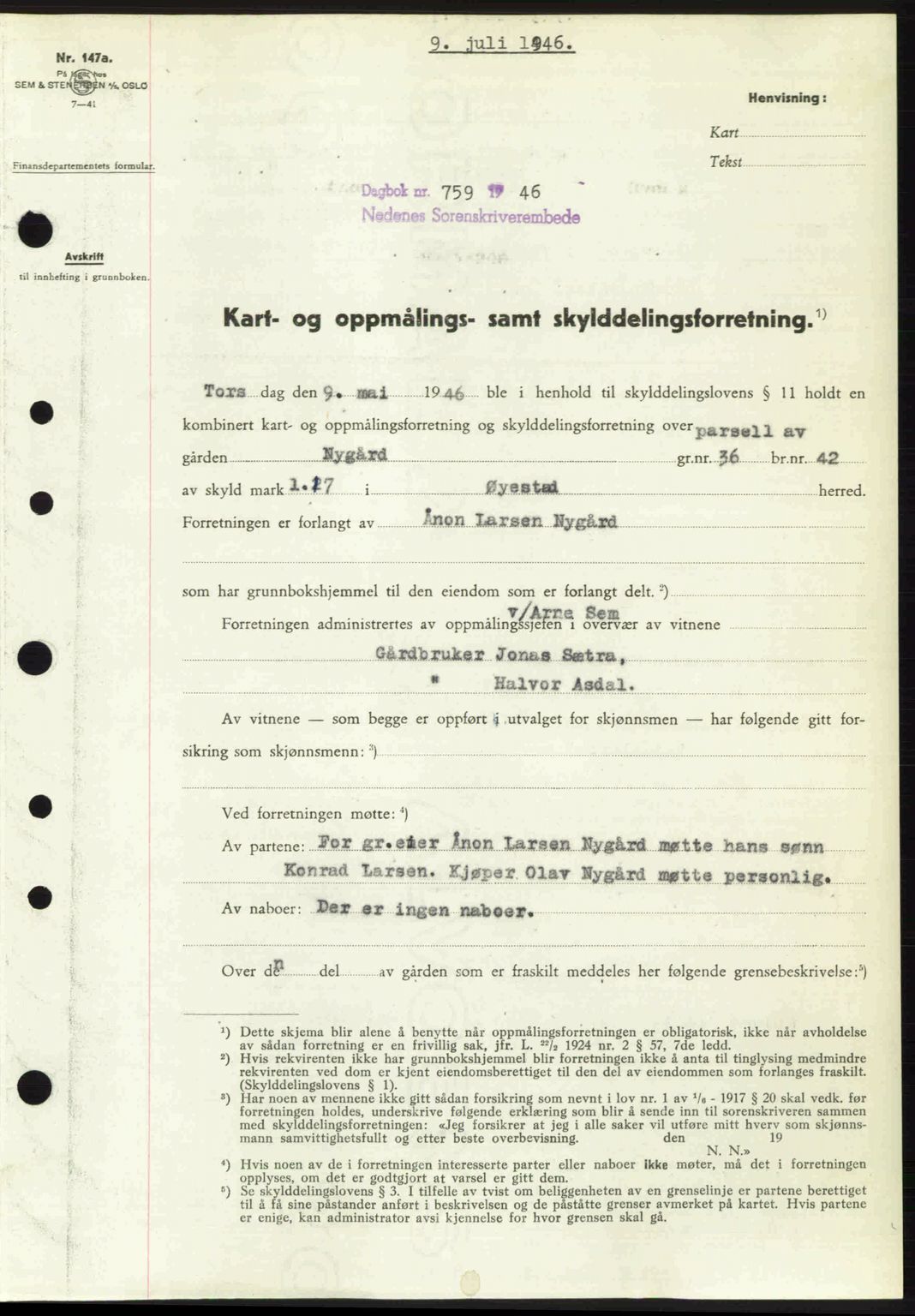 Nedenes sorenskriveri, AV/SAK-1221-0006/G/Gb/Gba/L0055: Mortgage book no. A7, 1946-1946, Diary no: : 759/1946