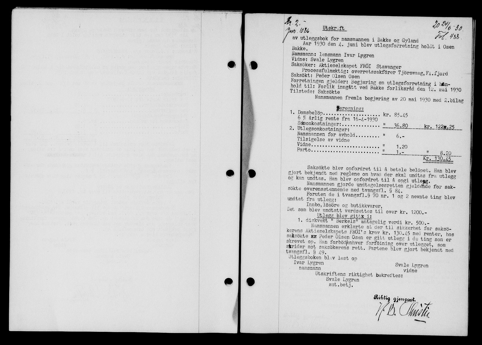 Flekkefjord sorenskriveri, SAK/1221-0001/G/Gb/Gba/L0045: Mortgage book no. 43, 1929-1930, Deed date: 24.06.1930