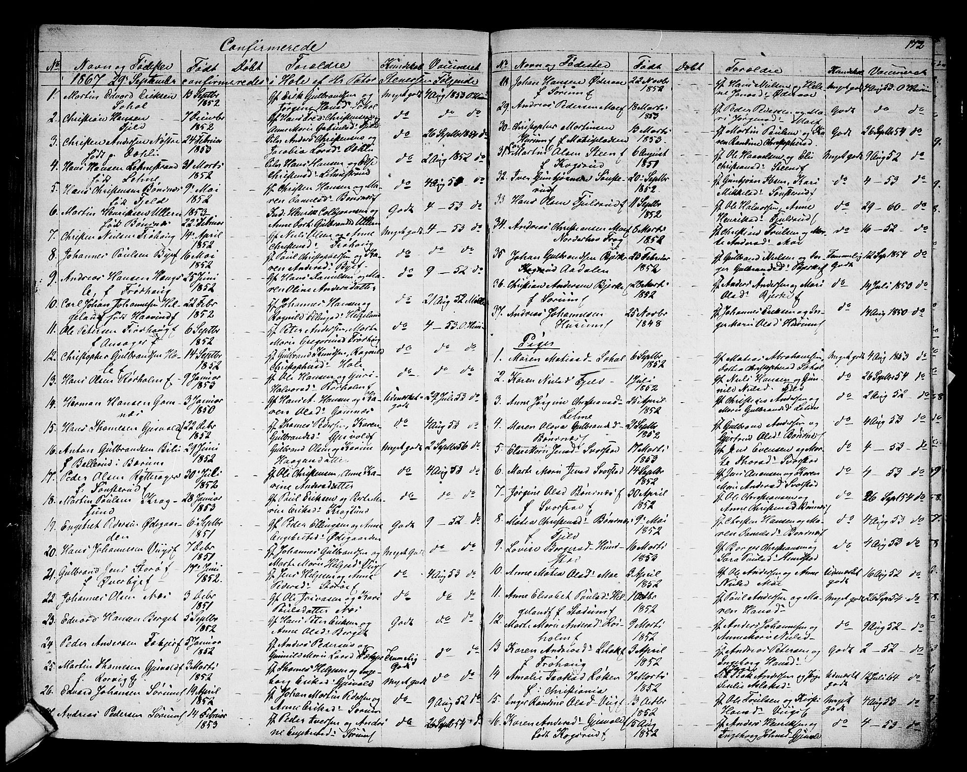 Hole kirkebøker, AV/SAKO-A-228/G/Ga/L0002: Parish register (copy) no. I 2, 1842-1878, p. 172